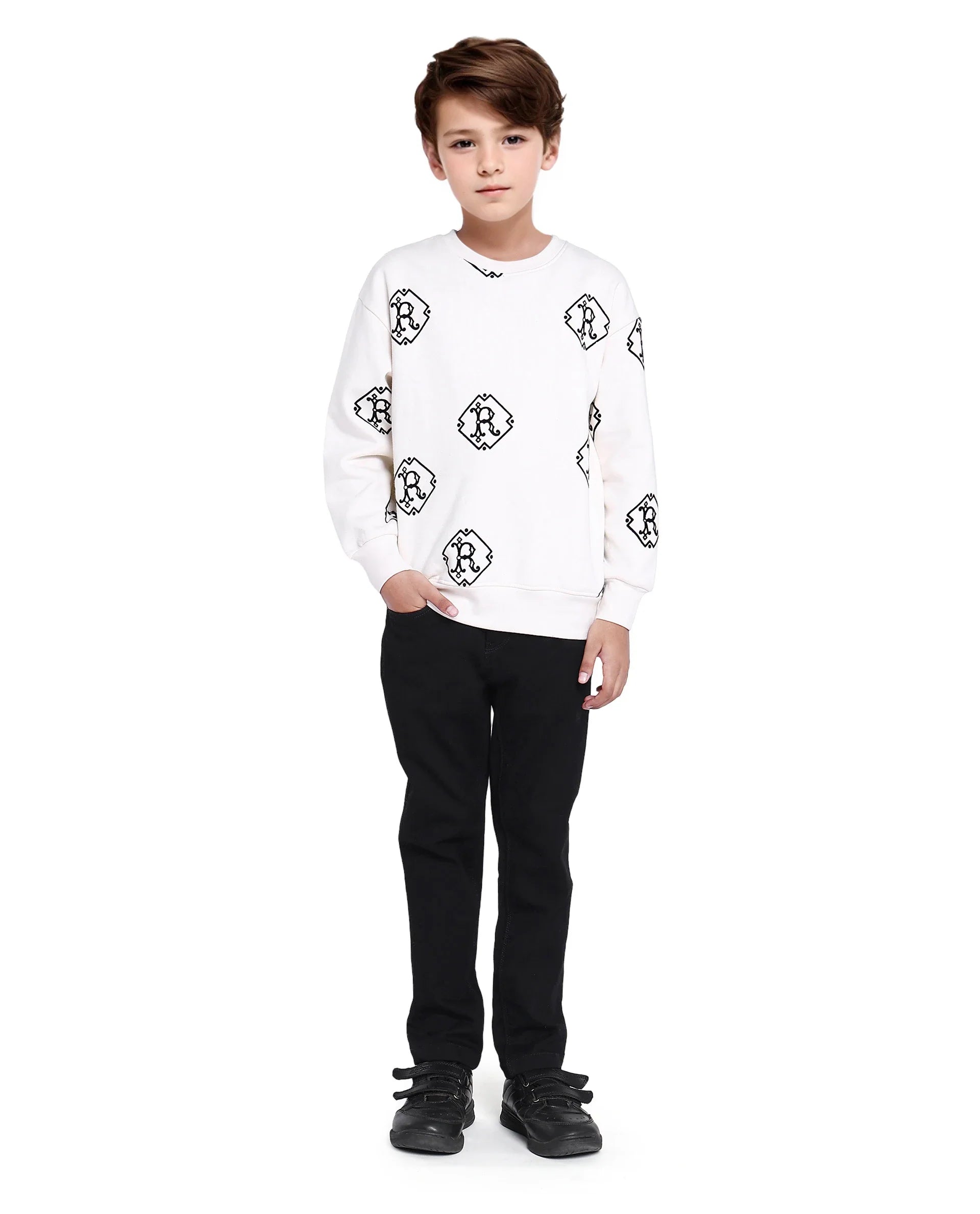 Rare Ones Kids Ronz Off White Cotton Poly Full Sleeve Flock Print Sweatshirt
