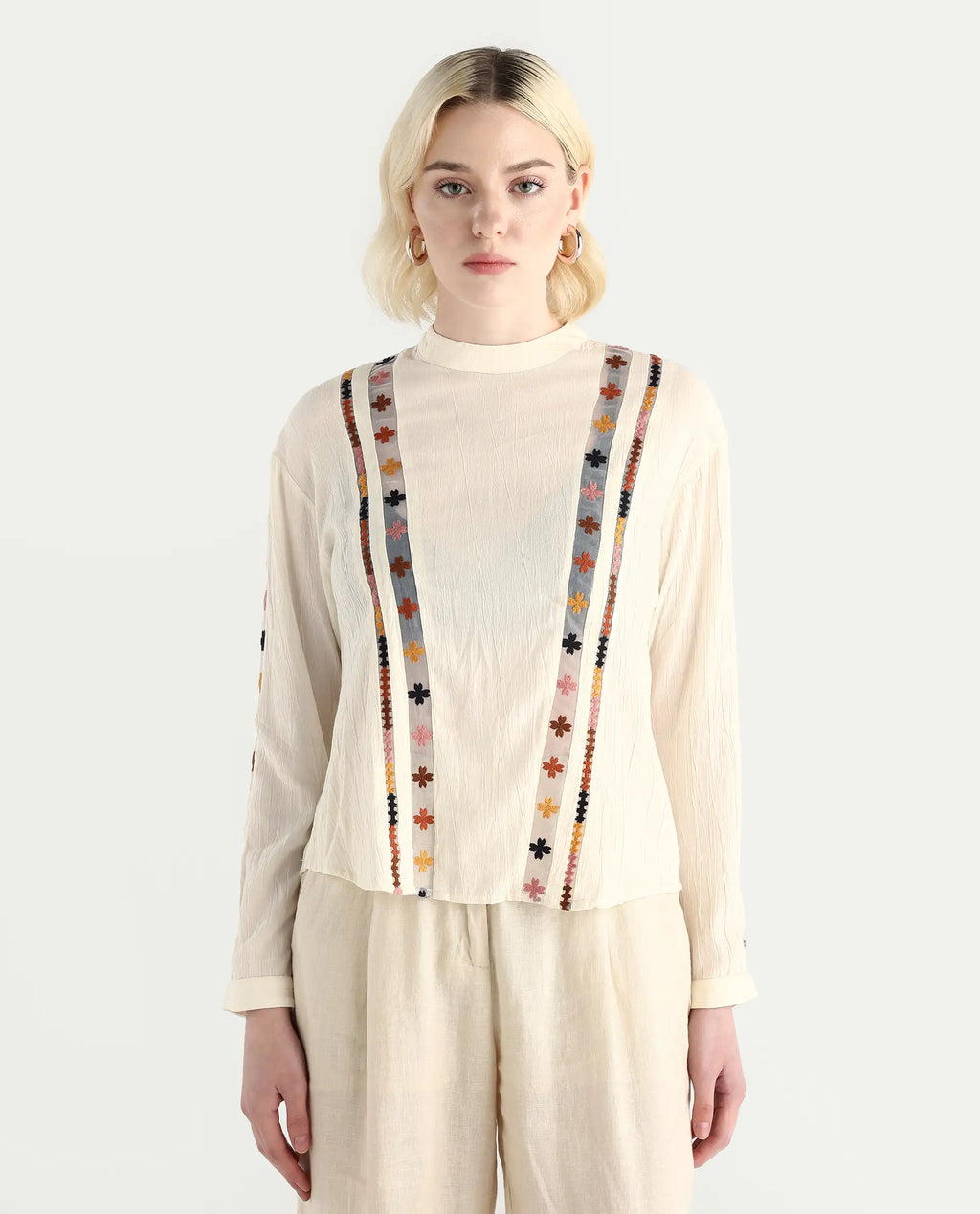 Rareism Women's Ronz Off White Viscose Round Neck Embroidered Relaxed Fit Top