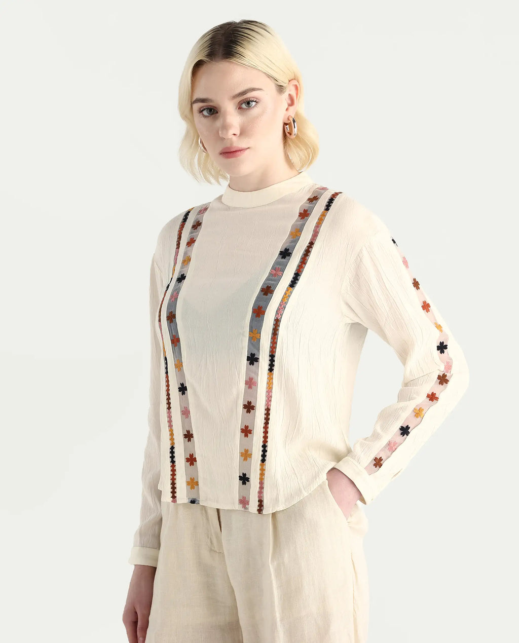 Rareism Women's Ronz Off White Viscose Round Neck Embroidered Relaxed Fit Top
