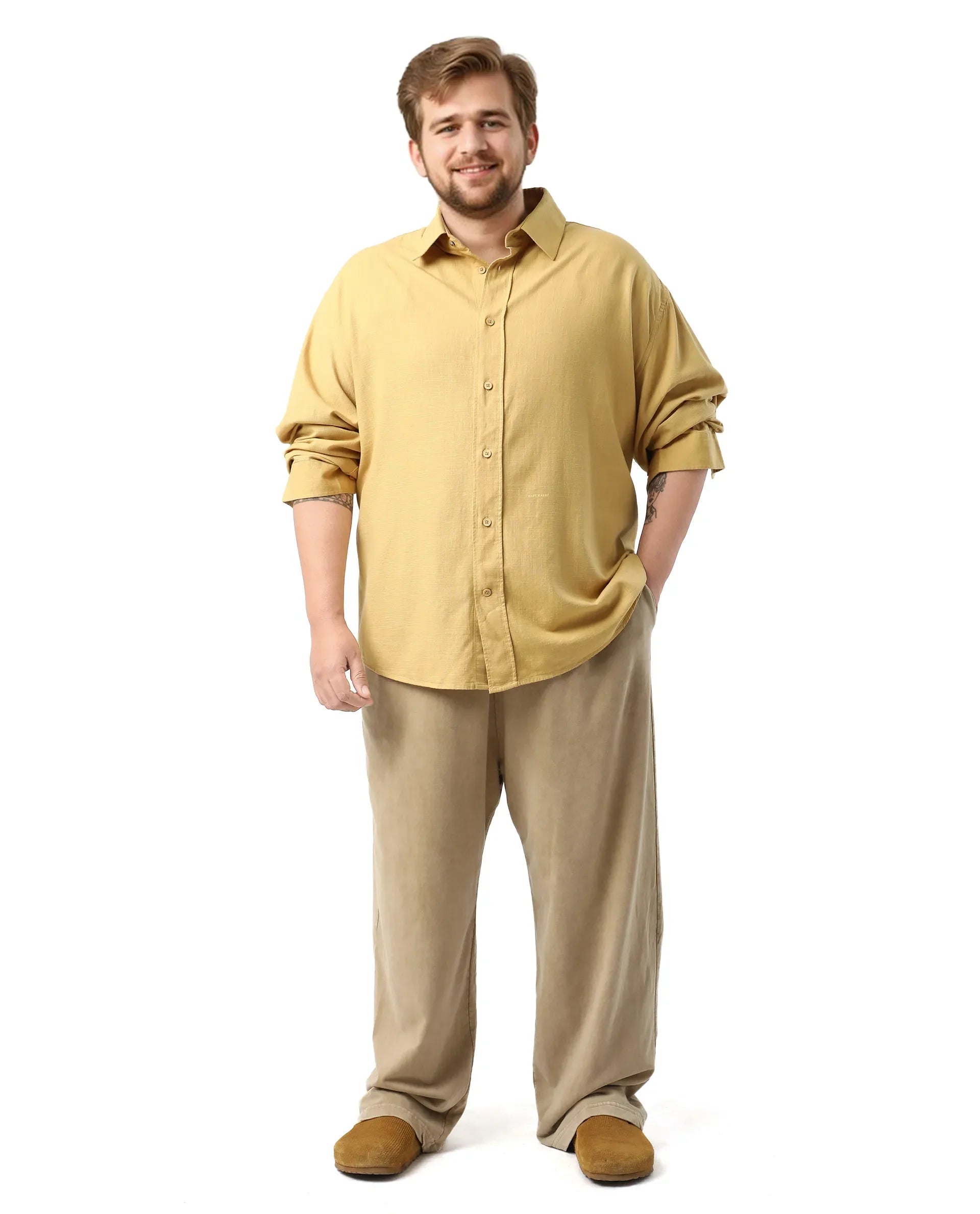 Rare Rabbit Men's Royo Big Mustard Cotton Blend Fabric Full Sleeve Spread Collar Button Closure Regular Fit Textured Shirt