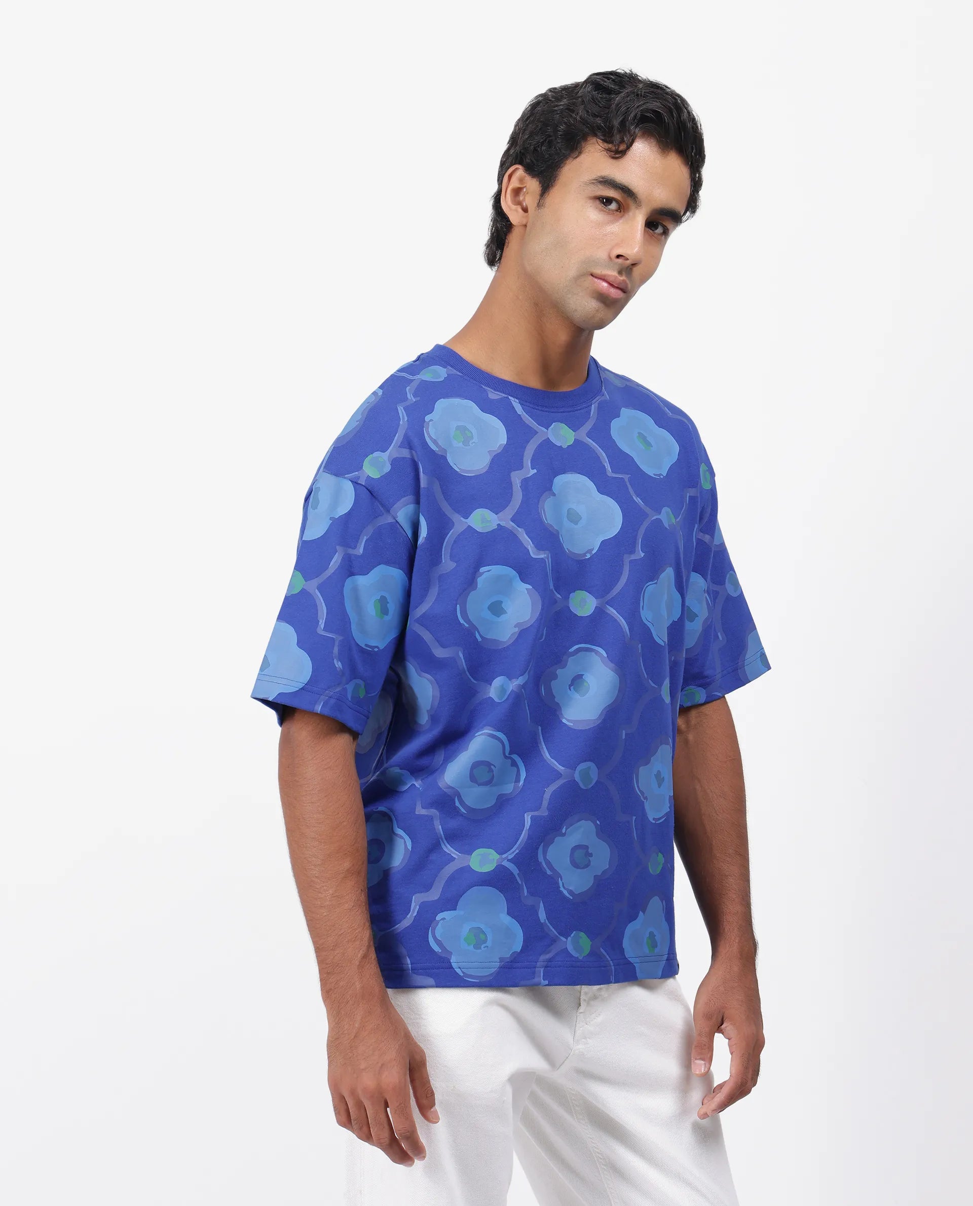 Rare Rabbit Men's Evino Flouroscent Blue Cotton Graphic Print Oversized Fit Half Sleeve Crew Neck T-Shirt
