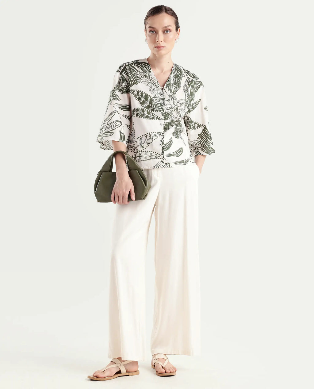 Rareism Women's Ronil Beige Cotton V-Neck Floral Print Raglan Sleeve Crop Regular Fit Top