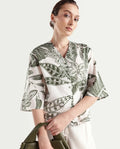 Rareism Women's Ronil Beige Cotton V-Neck Floral Print Raglan Sleeve Crop Regular Fit Top
