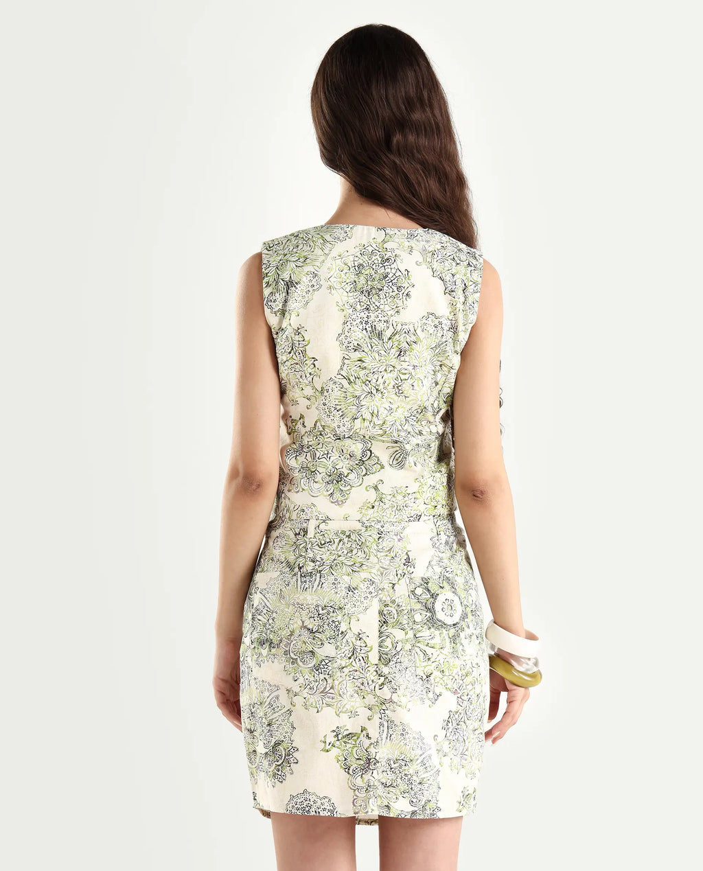 Rareism Women's Ronoz T Light Green Cotton V-Neck Abstract Print Sleeveless Crop Regular Fit Waist Coat