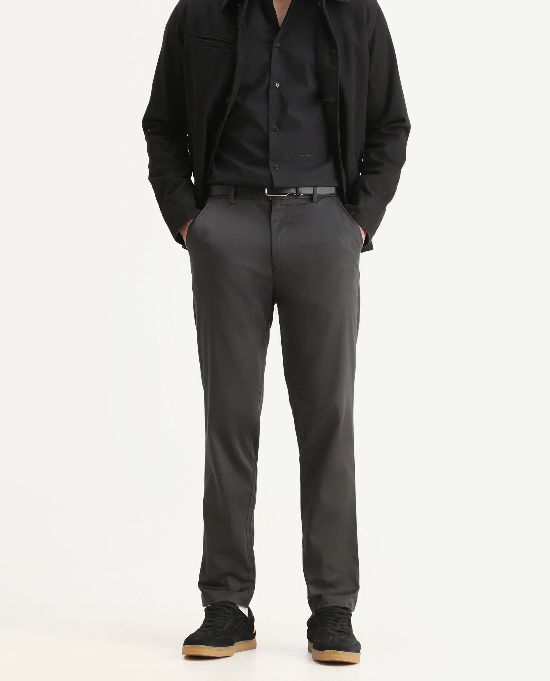 Rare Rabbit Men Hols Dark Grey Cotton Blend Fabric Button Closure Plain Trouser