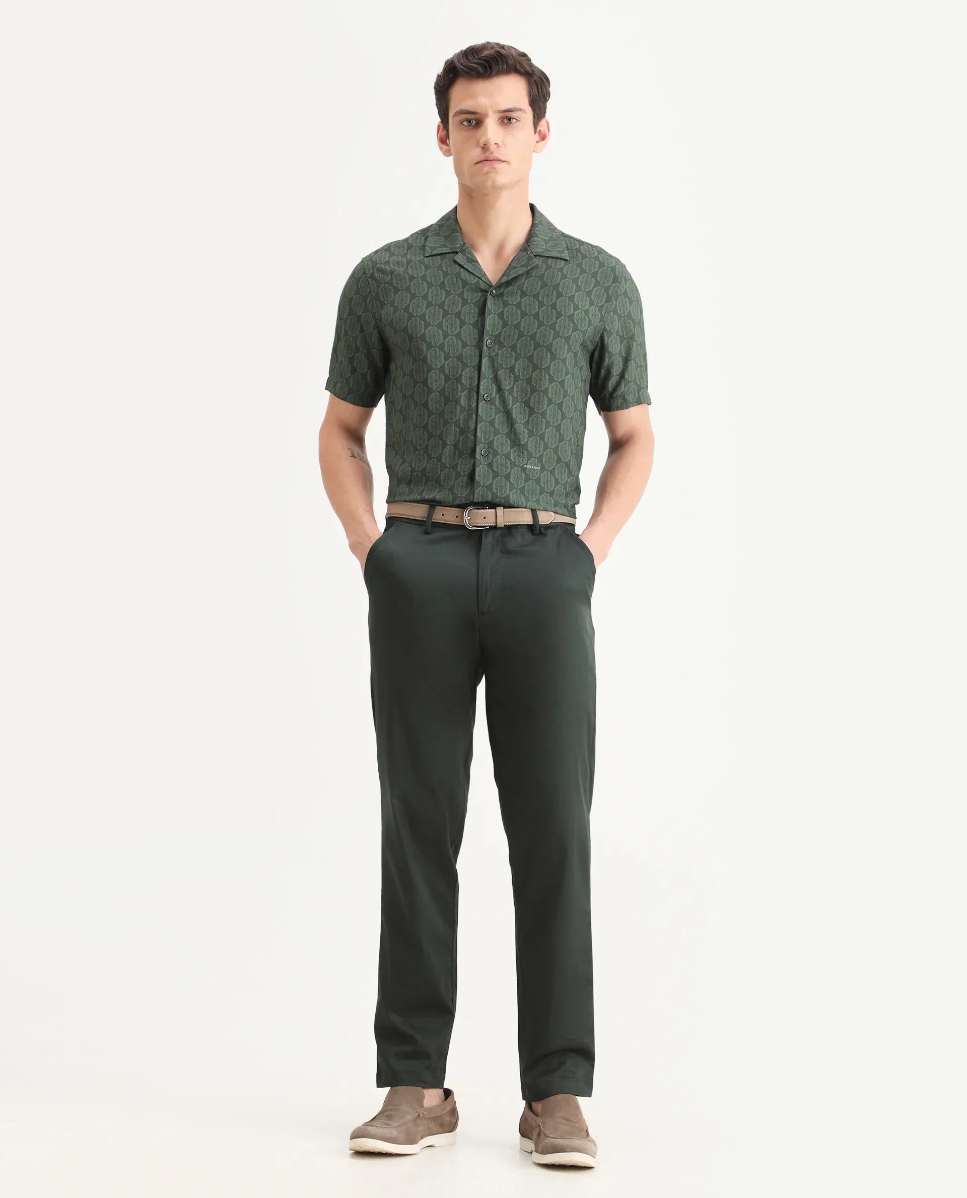 Rare Rabbit Men Hols Dark Olive Cotton Blend Fabric Button Closure Plain Trouser