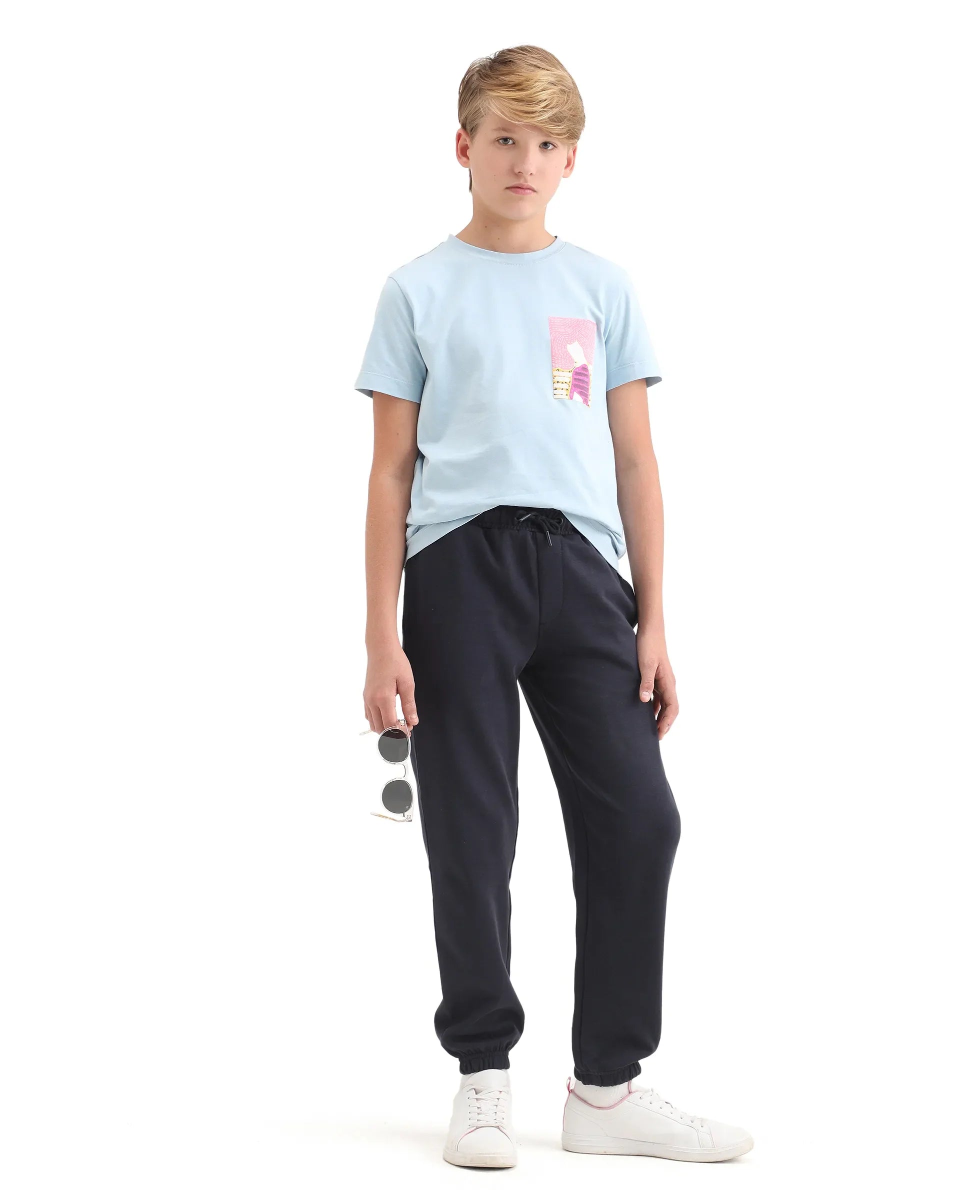 Rare Ones Kids Raven-B Navy Cotton Blend Drawstring Closure Pigment Print Regular Fit Trackpant