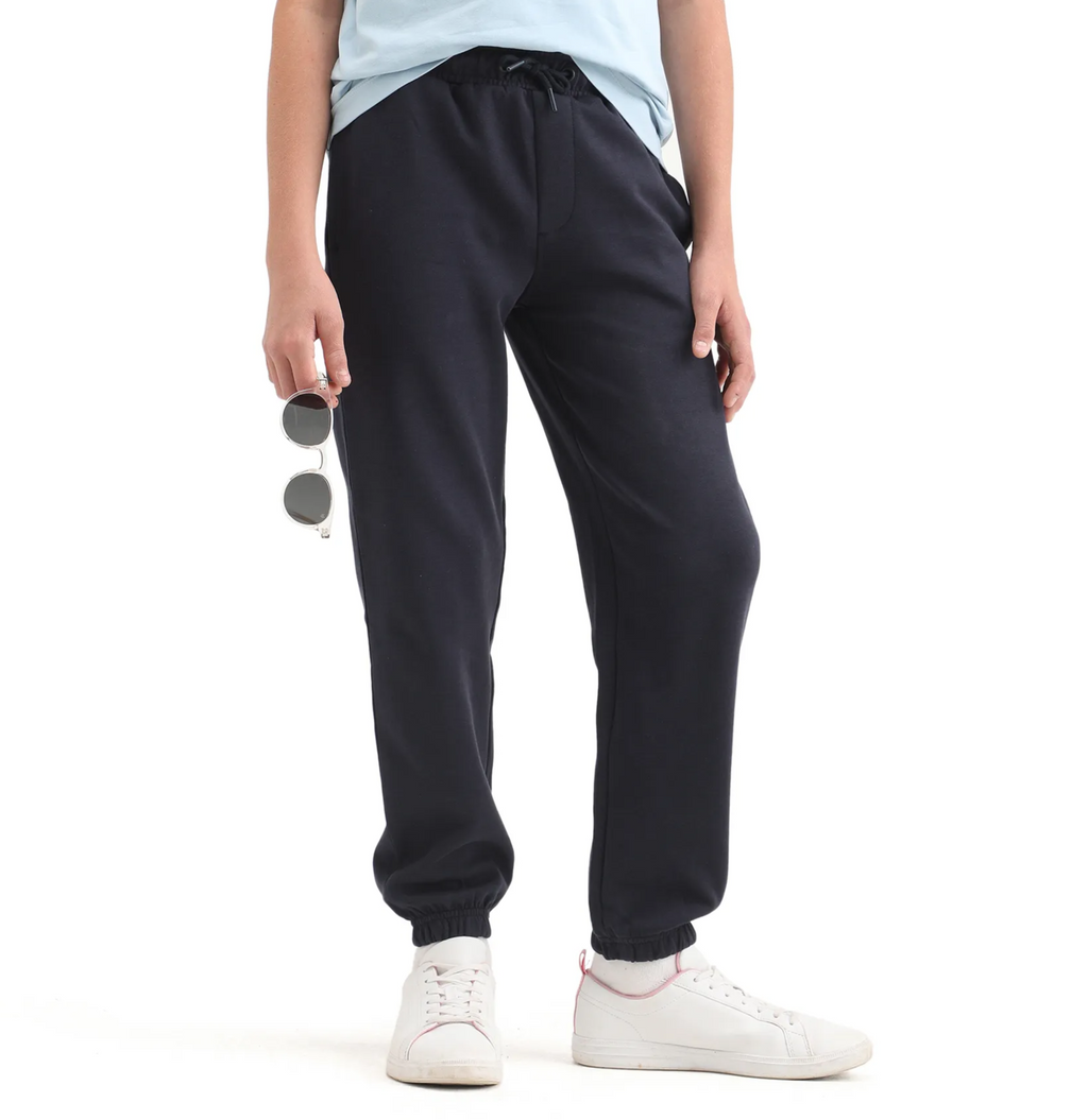Rare Ones Kids Raven-B Navy Cotton Blend Drawstring Closure Pigment Print Regular Fit Trackpant