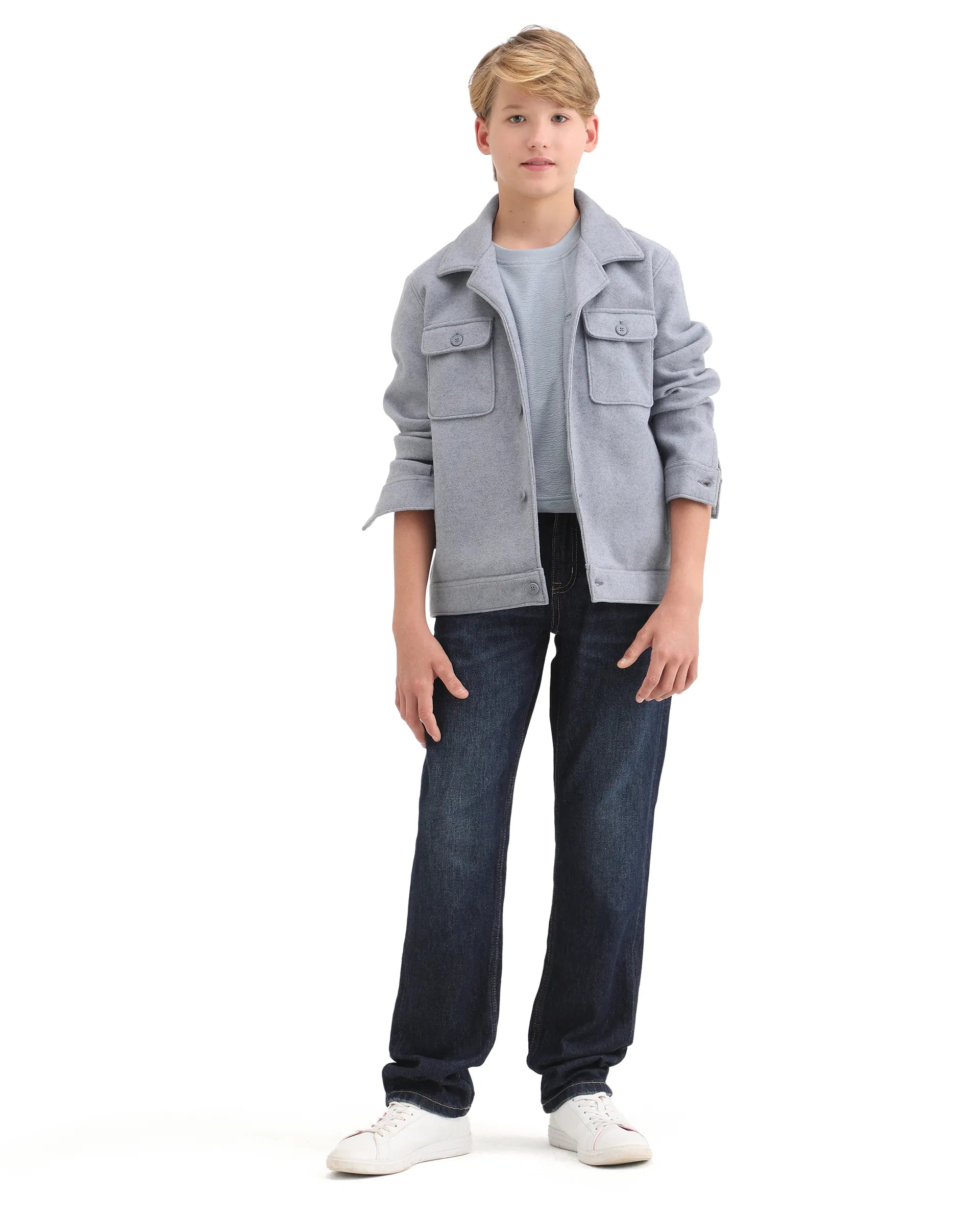 Rare Ones Kids Bochin Blue Polyester Button Closure Flat Collar Plain Full Sleeves Regular Fit Jacket