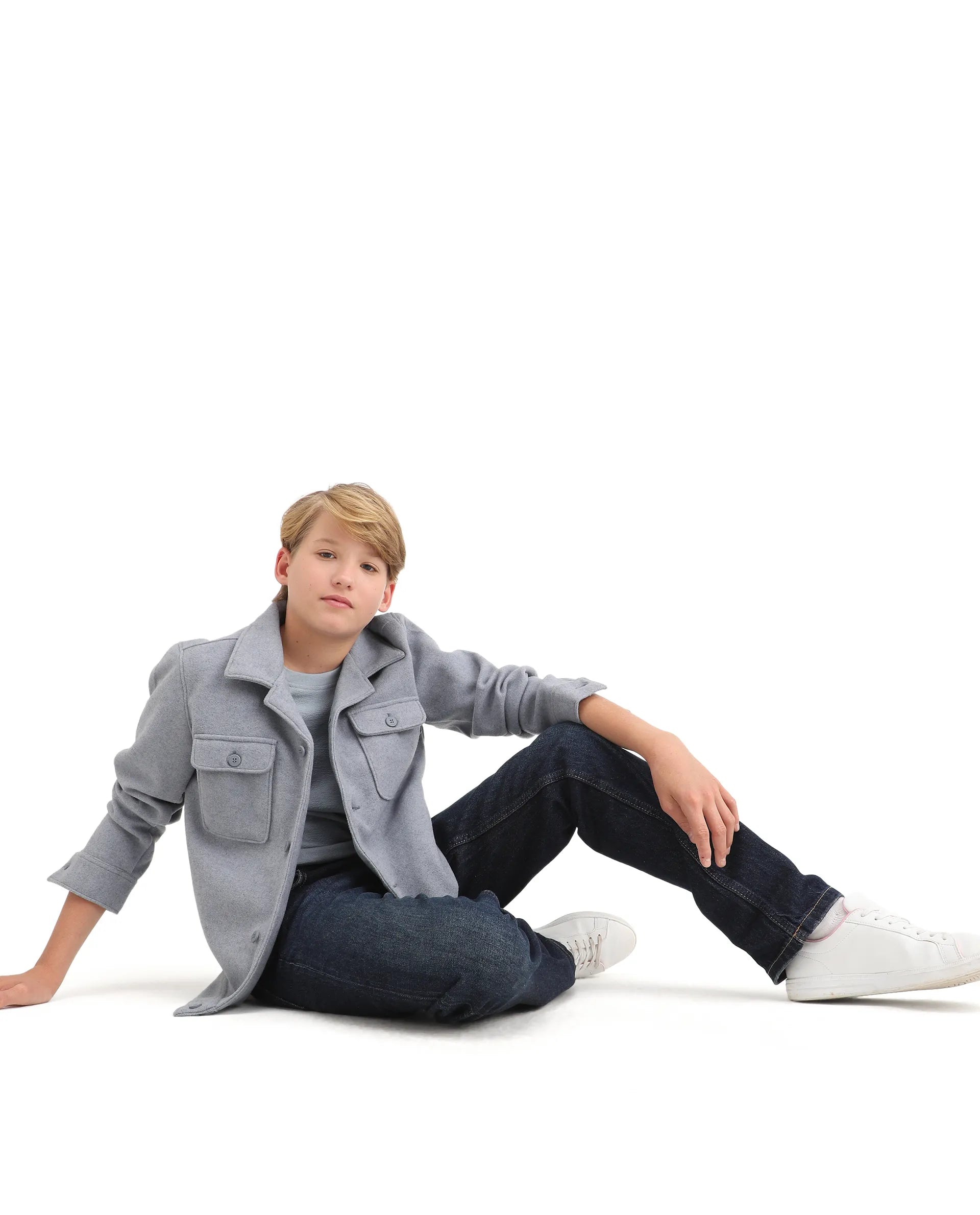 Rare Ones Kids Bochin Blue Polyester Button Closure Flat Collar Plain Full Sleeves Regular Fit Jacket