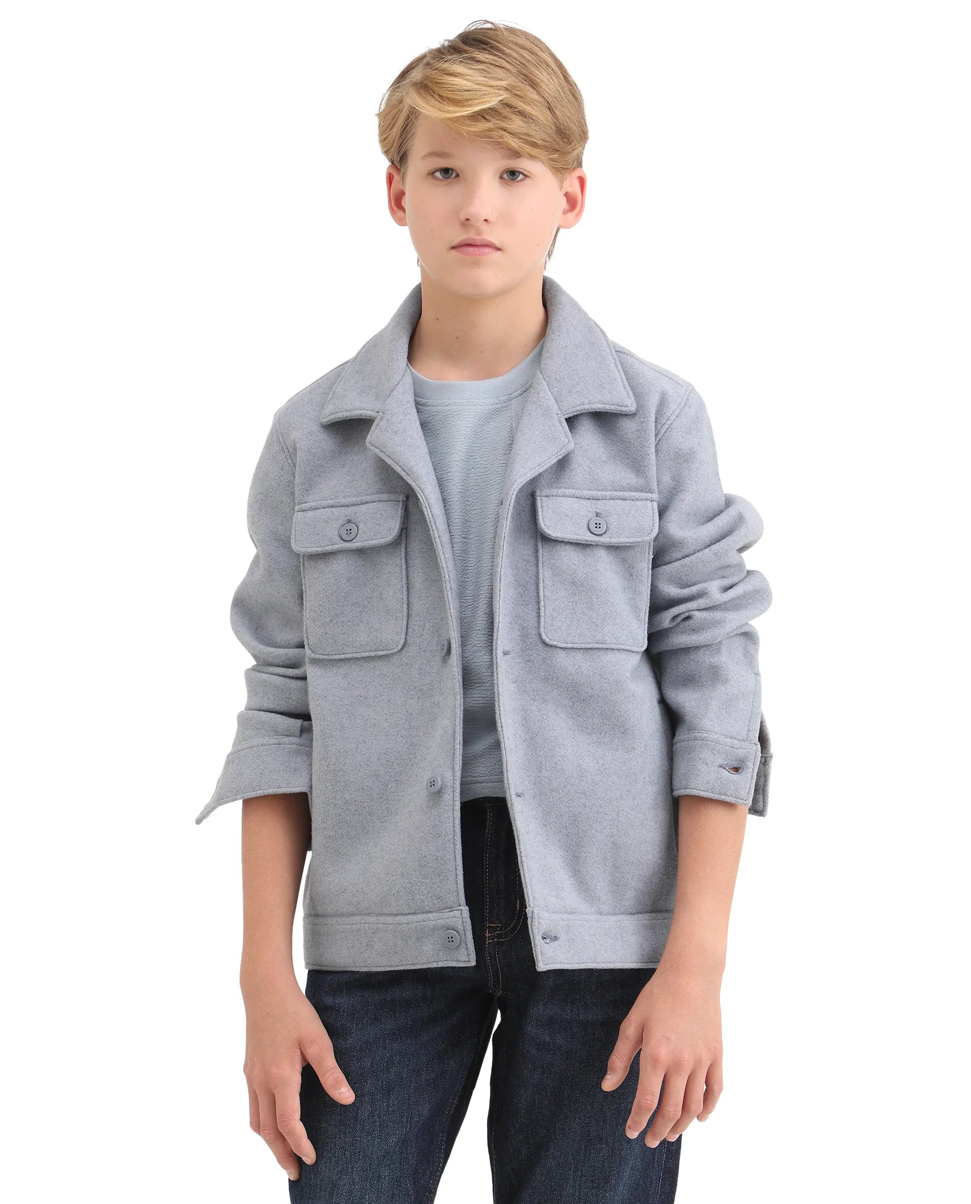 Rare Ones Kids Bochin Blue Polyester Button Closure Flat Collar Plain Full Sleeves Regular Fit Jacket