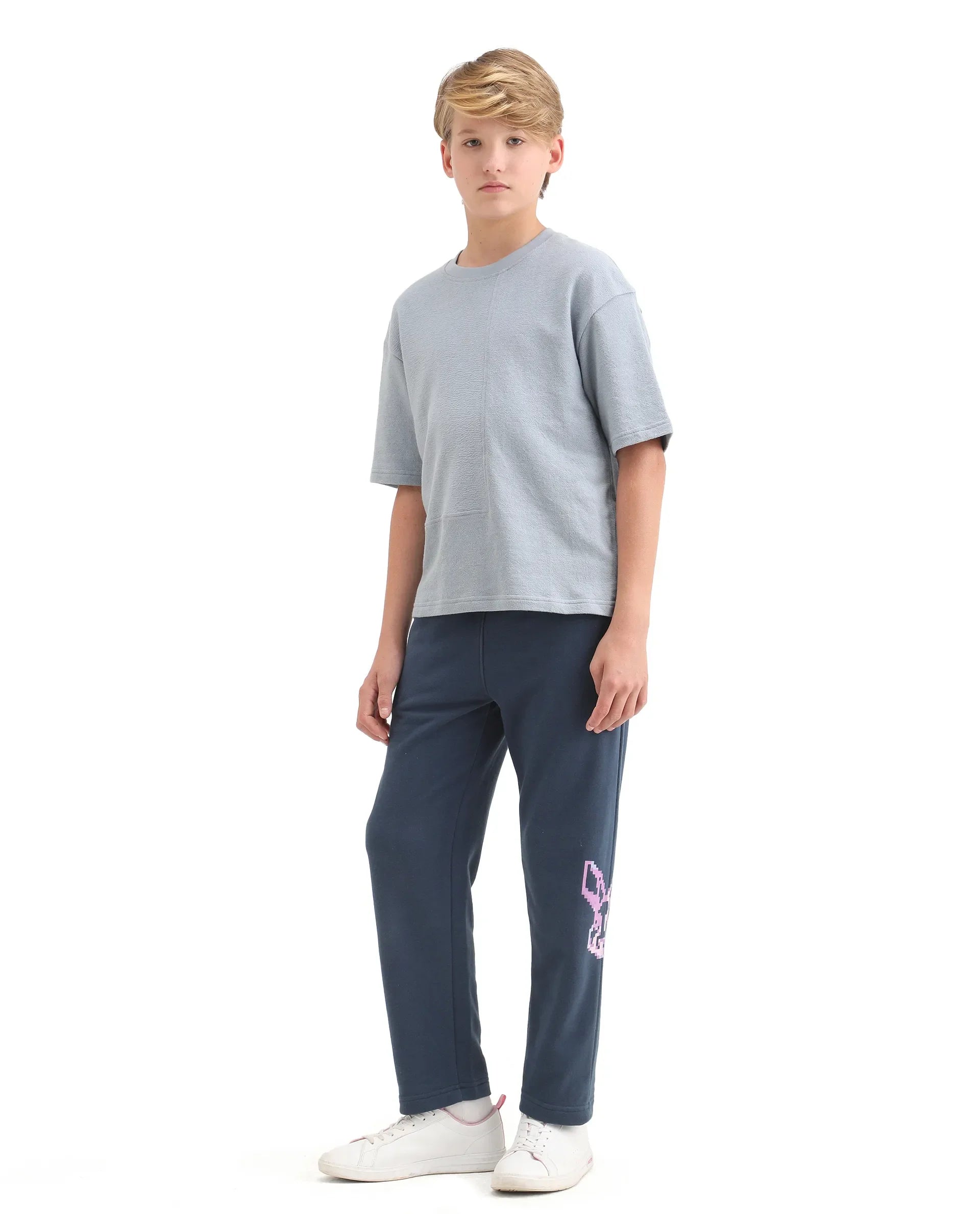 Rare Ones Kids Iver-B Navy Cotton Blend Drawstring Pigment Print Straight Fit Trackpant