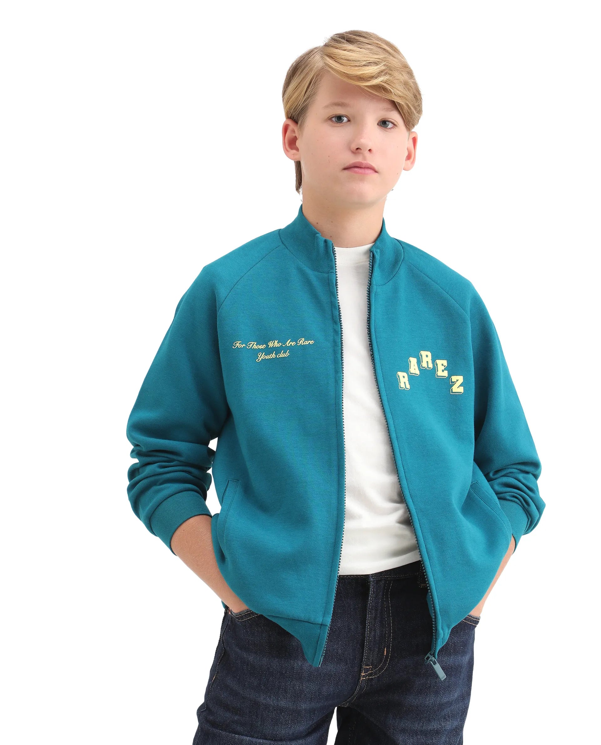 Rare Ones Kids Onyx Teal Cotton Blend Zipper Closure Solid Full Sleeves Oversized Sweatshirt
