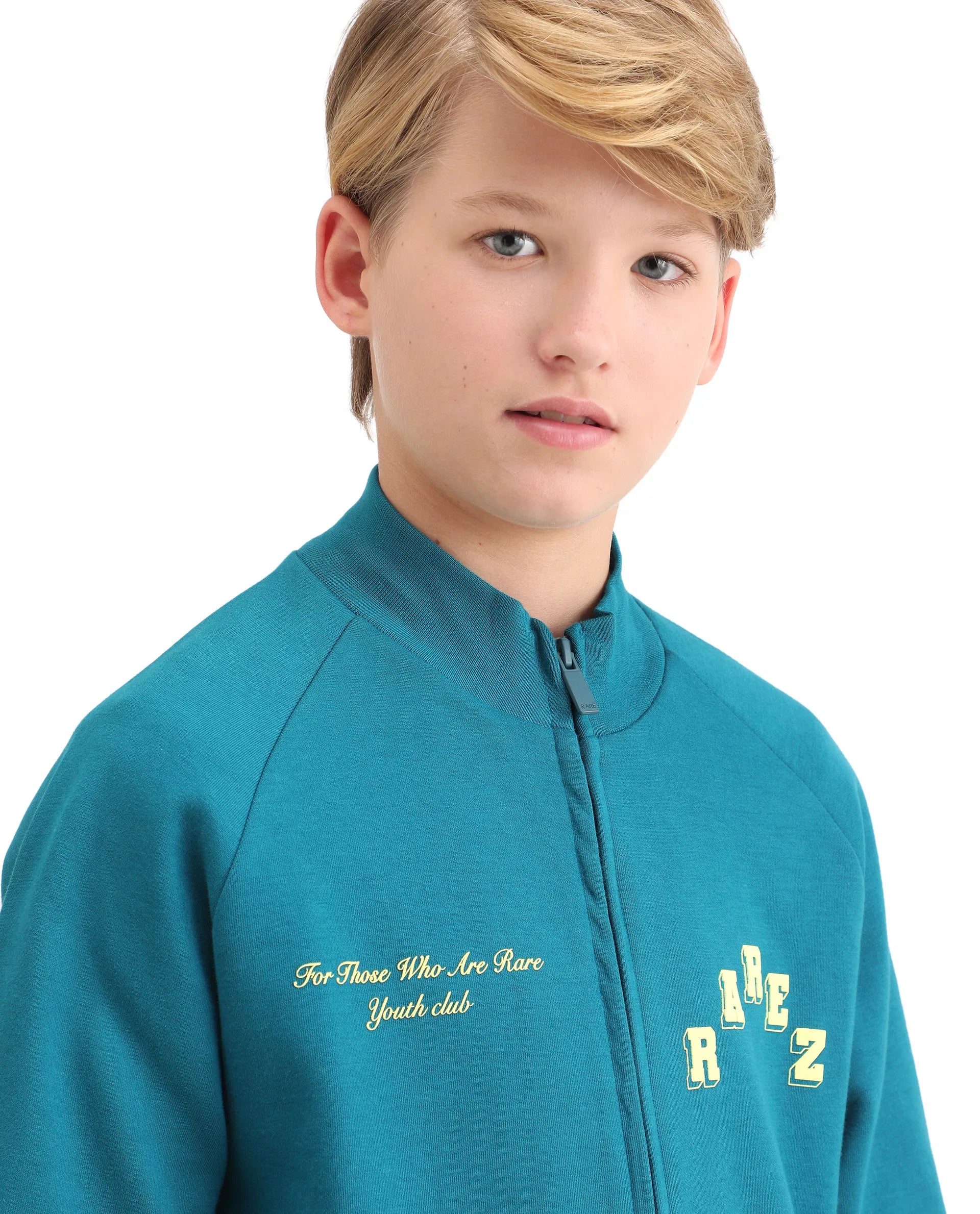 Rare Ones Kids Onyx Teal Cotton Blend Zipper Closure Solid Full Sleeves Oversized Sweatshirt