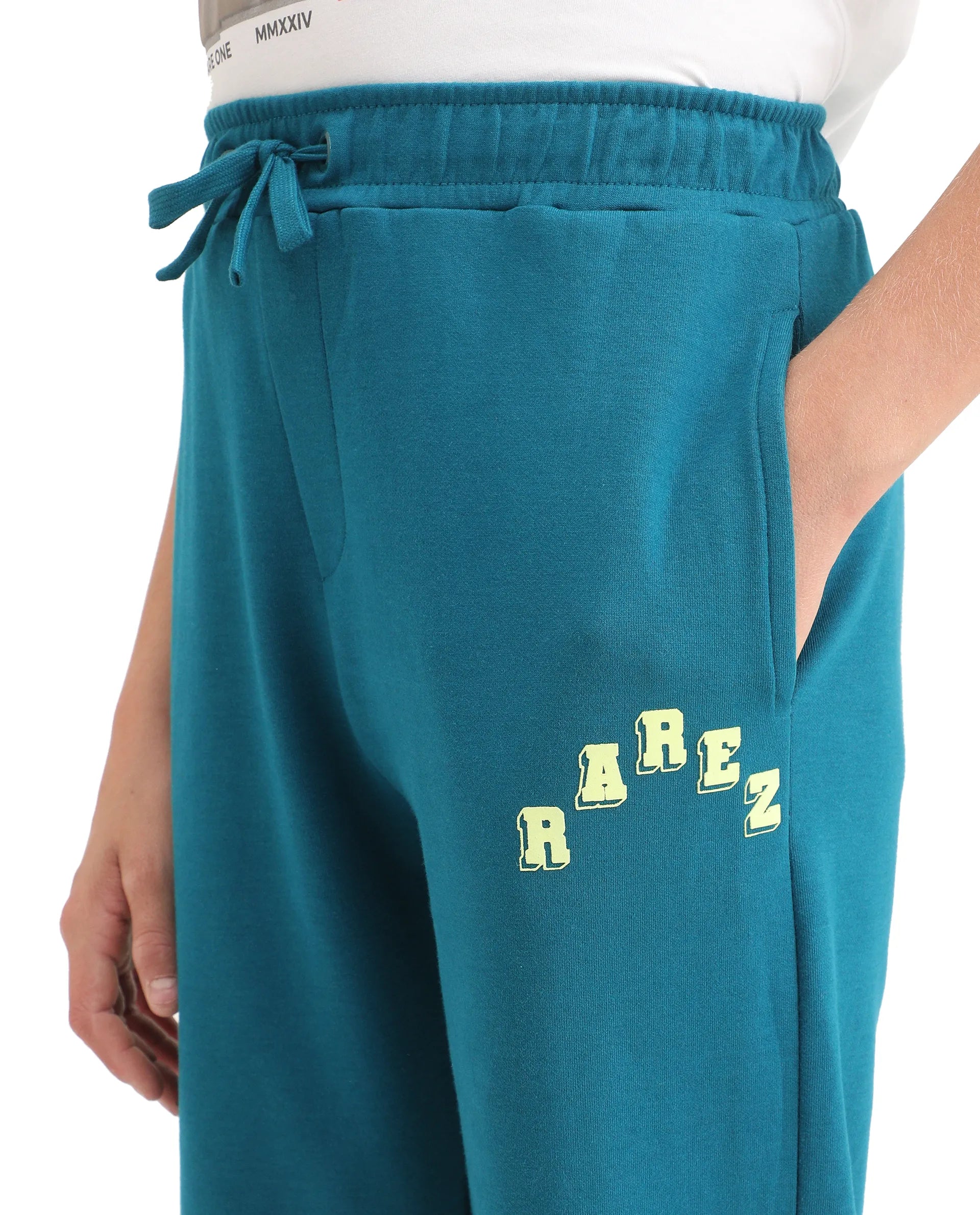 Rare Ones Kids Onyx-B Teal Cotton Blend Drawstring Closure Solid Straight Fit Trackpant