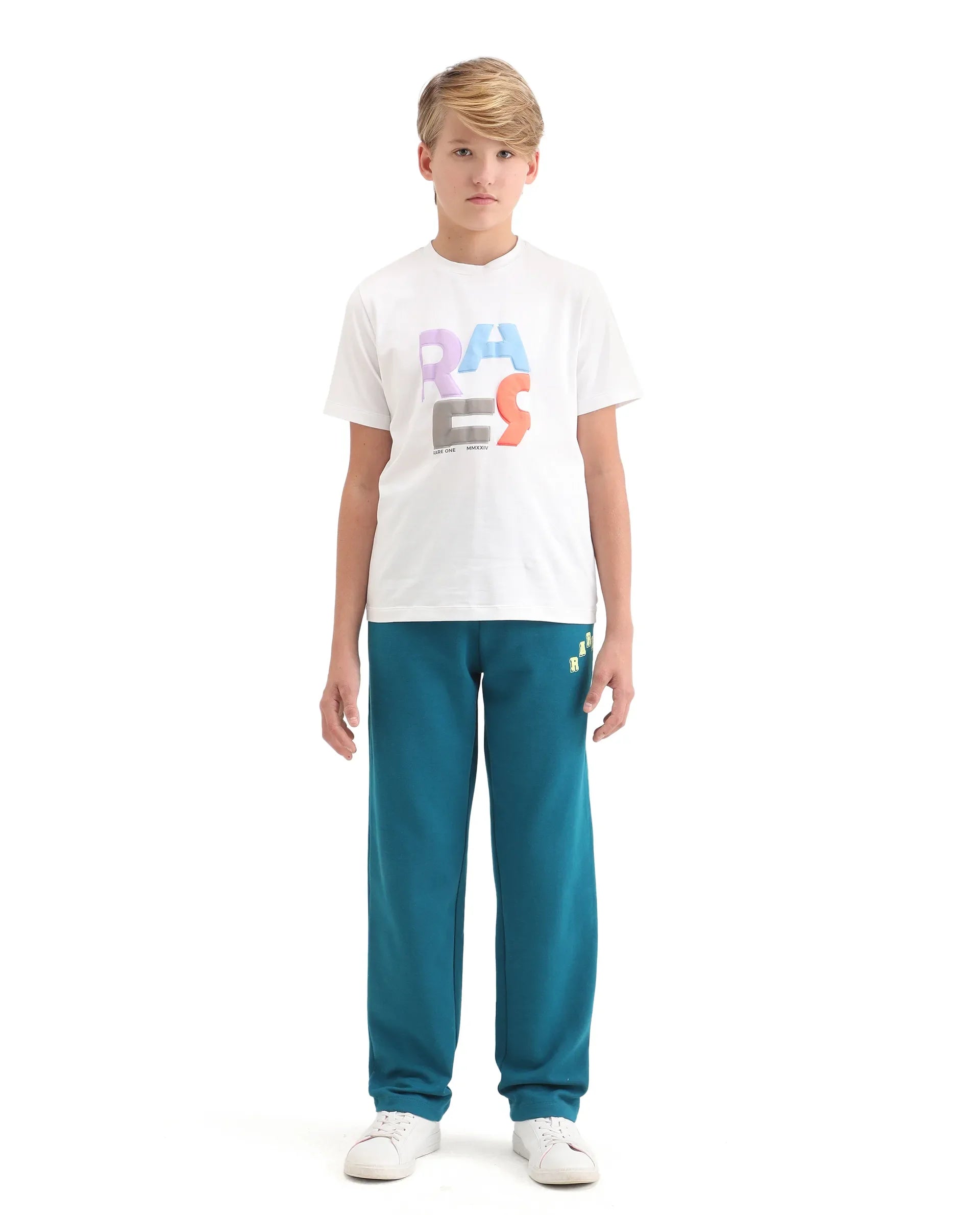 Rare Ones Kids Onyx-B Teal Cotton Blend Drawstring Closure Solid Straight Fit Trackpant