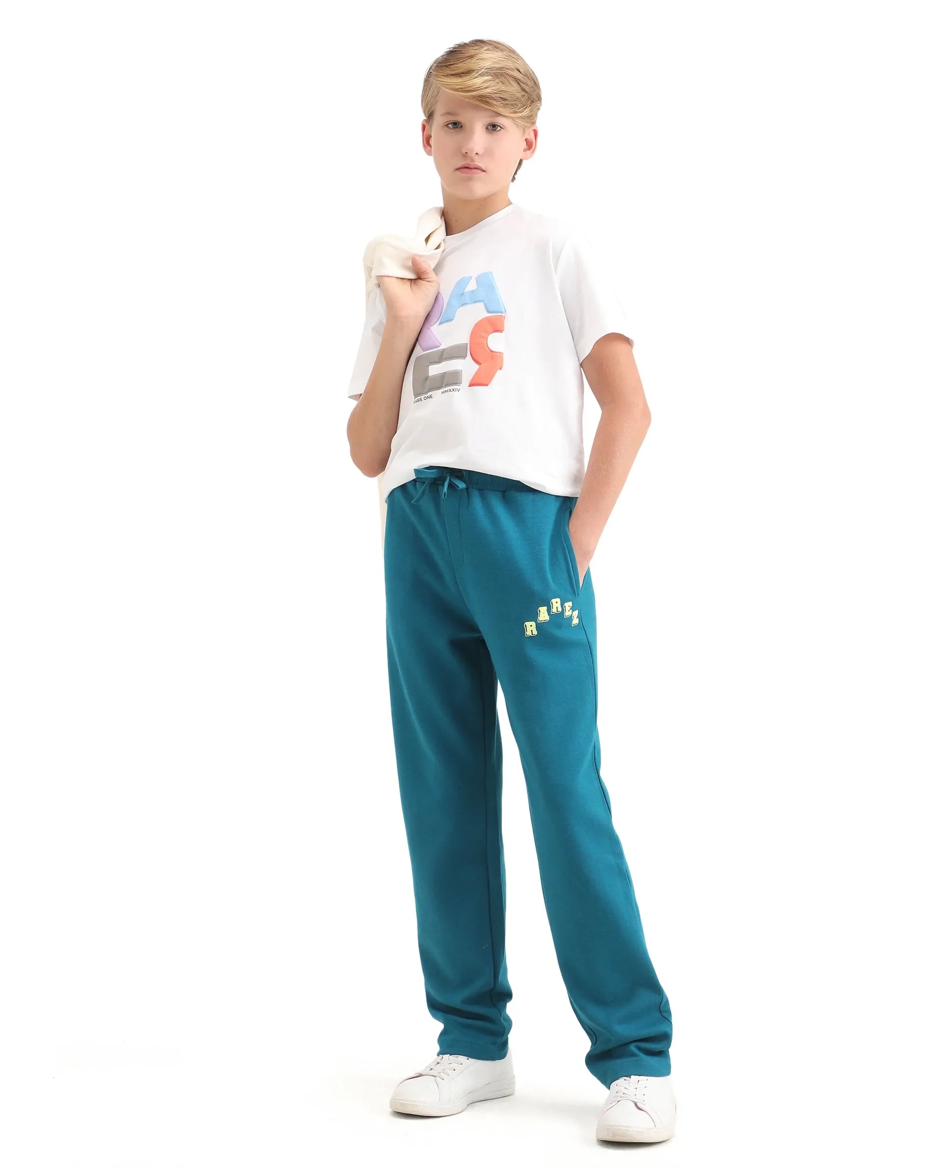 Rare Ones Kids Onyx-B Teal Cotton Blend Drawstring Closure Solid Straight Fit Trackpant