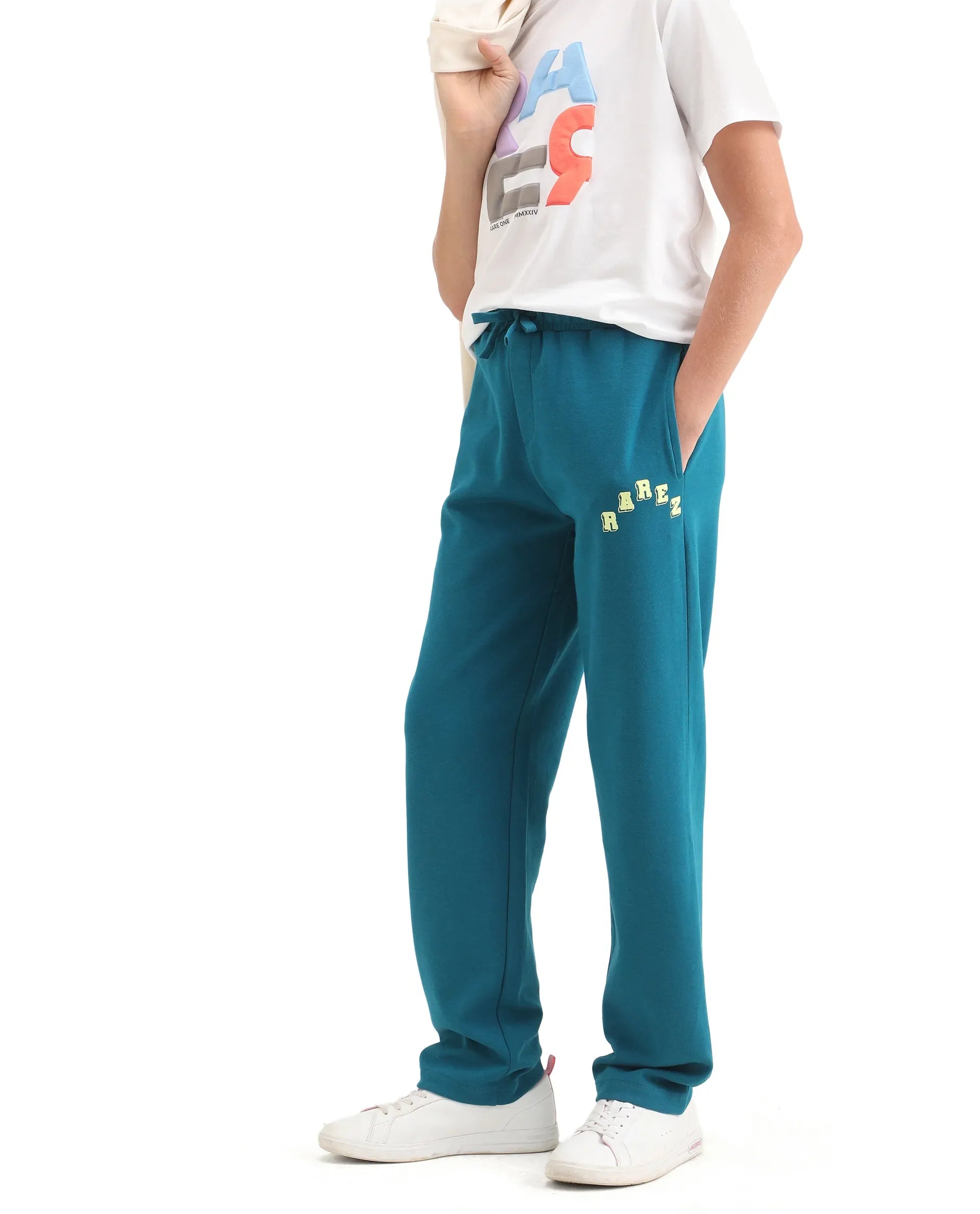 Rare Ones Kids Onyx-B Teal Cotton Blend Drawstring Closure Solid Straight Fit Trackpant