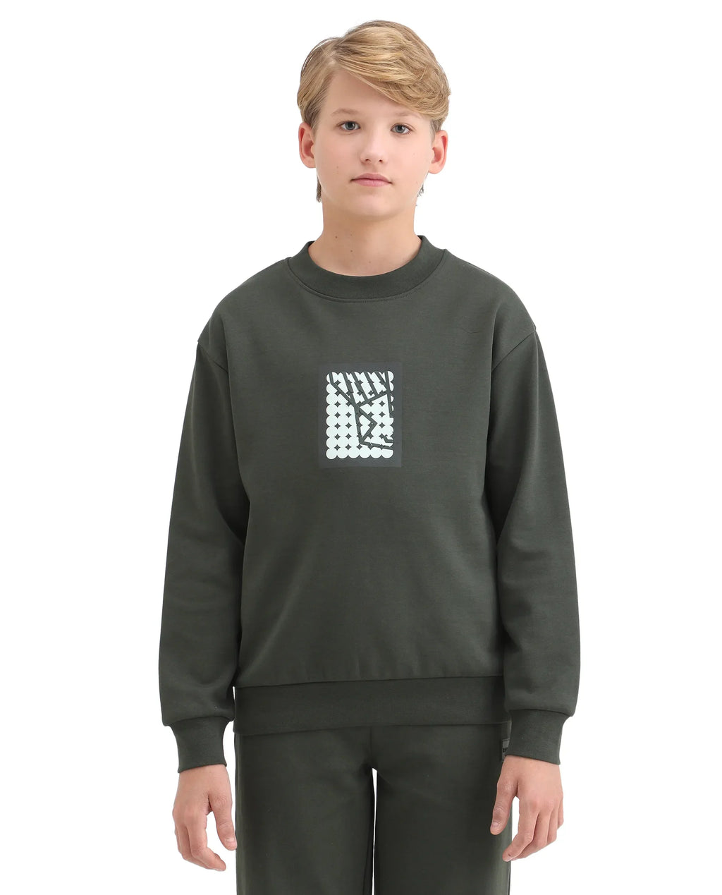 Rare Ones Kids Rune Olive Cotton Blend Pull-On Closure Graphic Printed Full Sleeves Oversized Sweatshirt