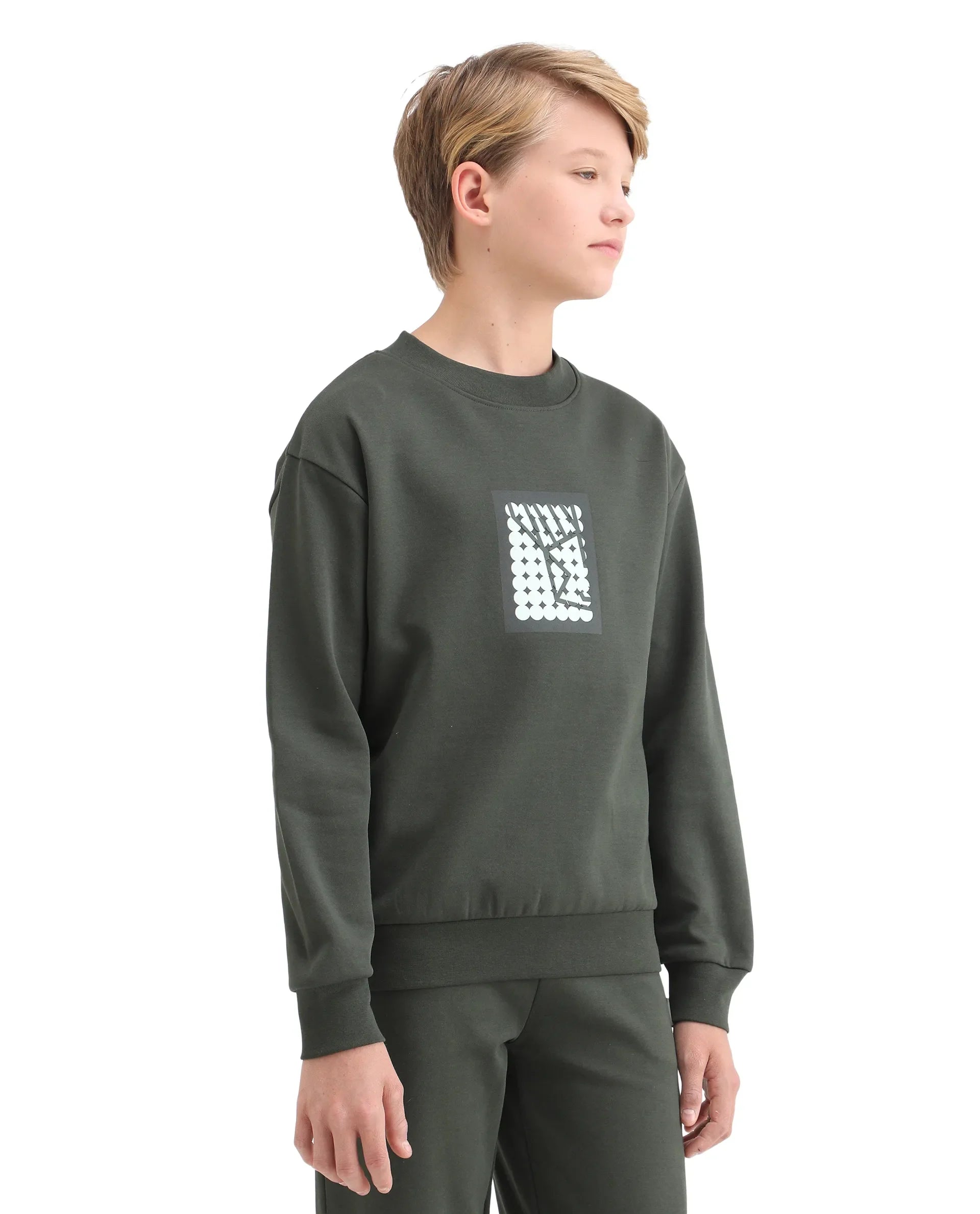 Rare Ones Kids Rune Olive Cotton Blend Pull-On Closure Graphic Printed Full Sleeves Oversized Sweatshirt