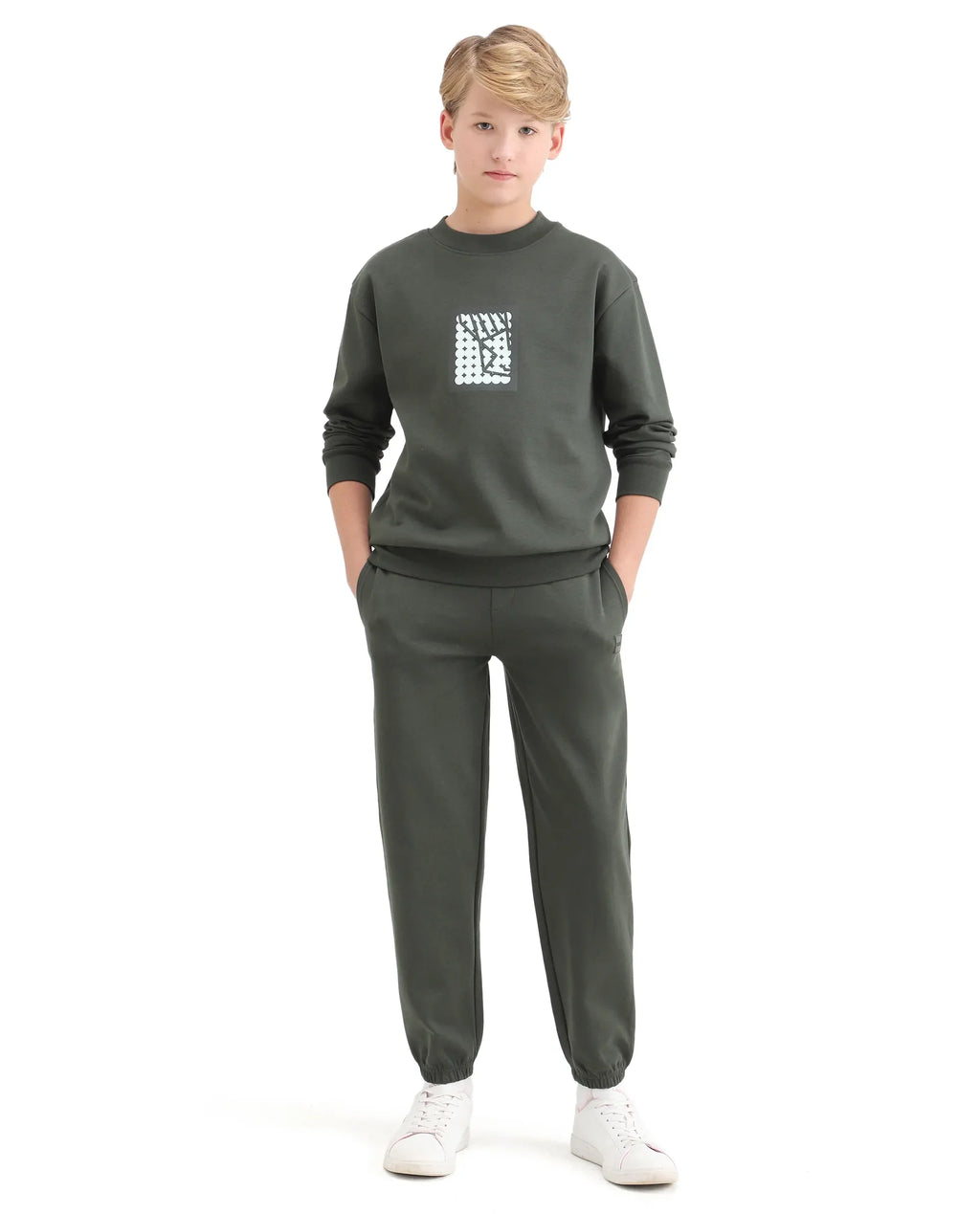 Rare Ones Kids Rune Olive Cotton Blend Pull-On Closure Graphic Printed Full Sleeves Oversized Sweatshirt