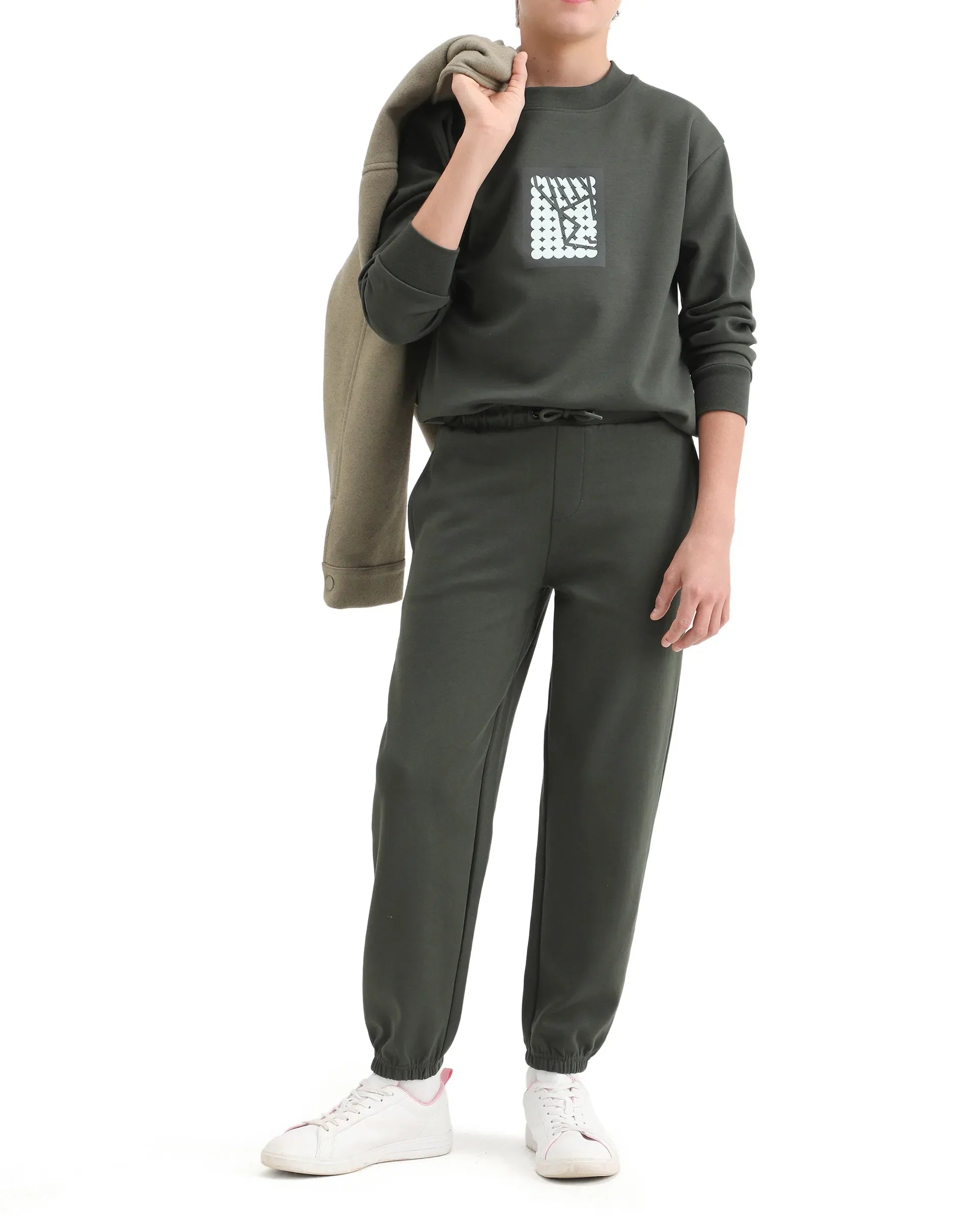 Rare Ones Kids Rune-B Olive Cotton Blend Drawstring Closure Solid Jogger Fit Trackpant