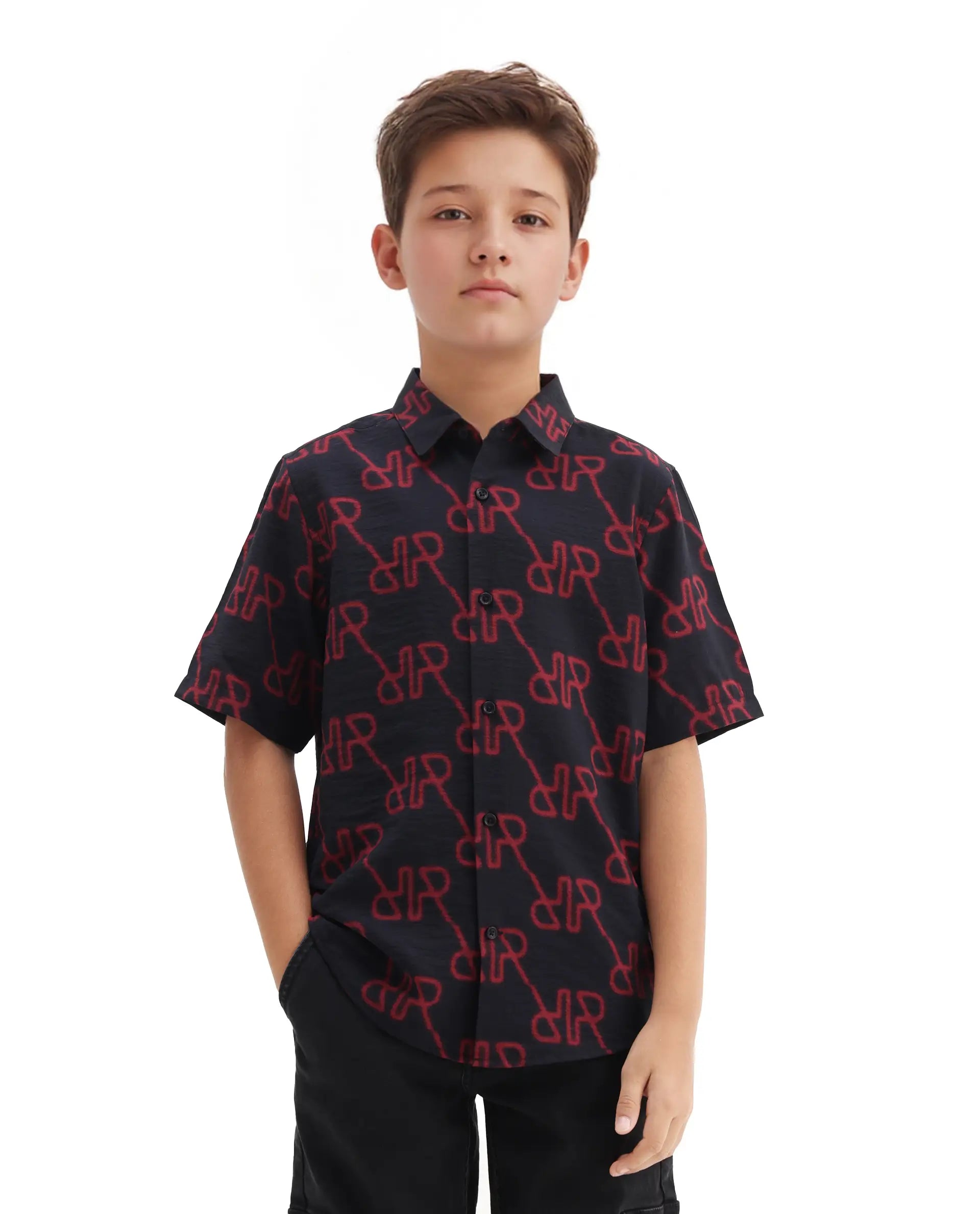 Rare Ones Kids Rron Dark Navy Viscose Blend Print Button Closure Regular Fit Shirt