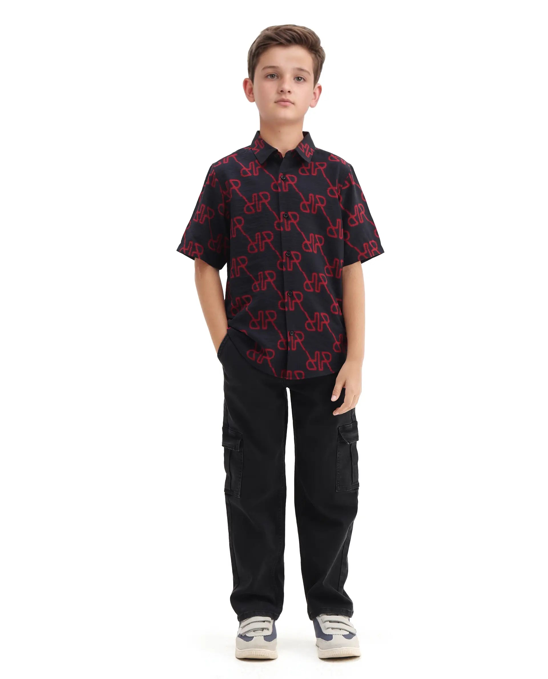 Rare Ones Kids Rron Dark Navy Viscose Blend Print Button Closure Regular Fit Shirt