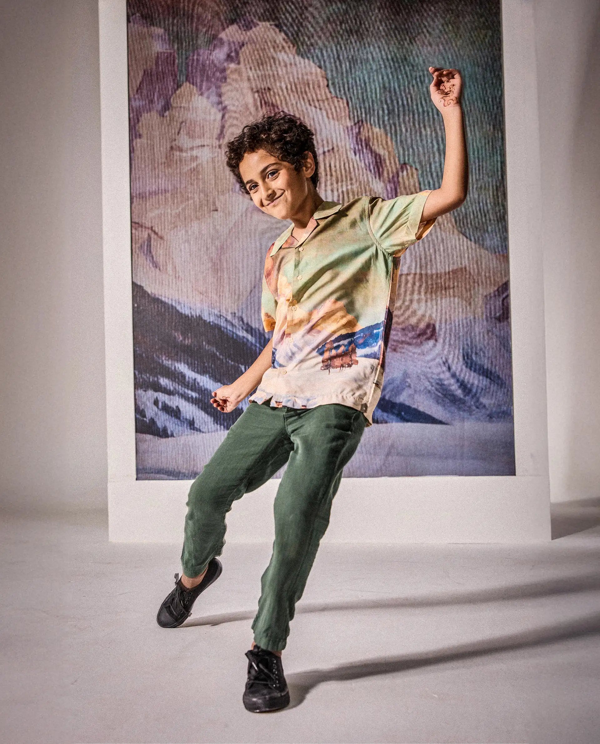 Rare Ones Kids Chilo Light Orange Viscose Full Sleeve Cuban Collar Placement Print Shirt