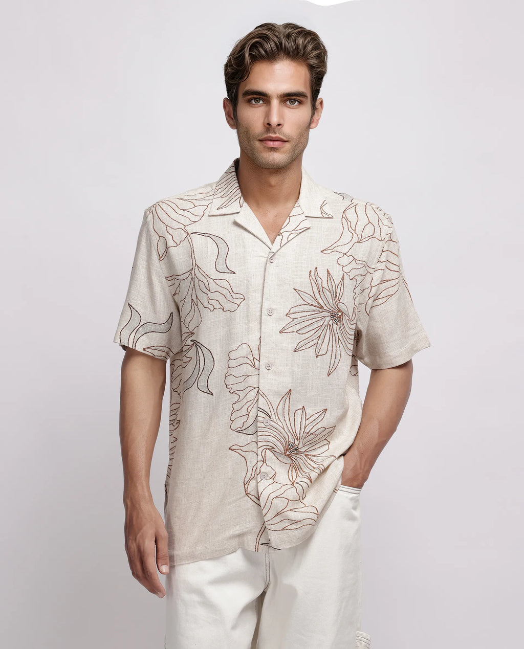 Rare Rabbit Men's Rustel Khaki Viscose Floral Print Relaxed Fit Half Sleeve Cuban Collar Shirt