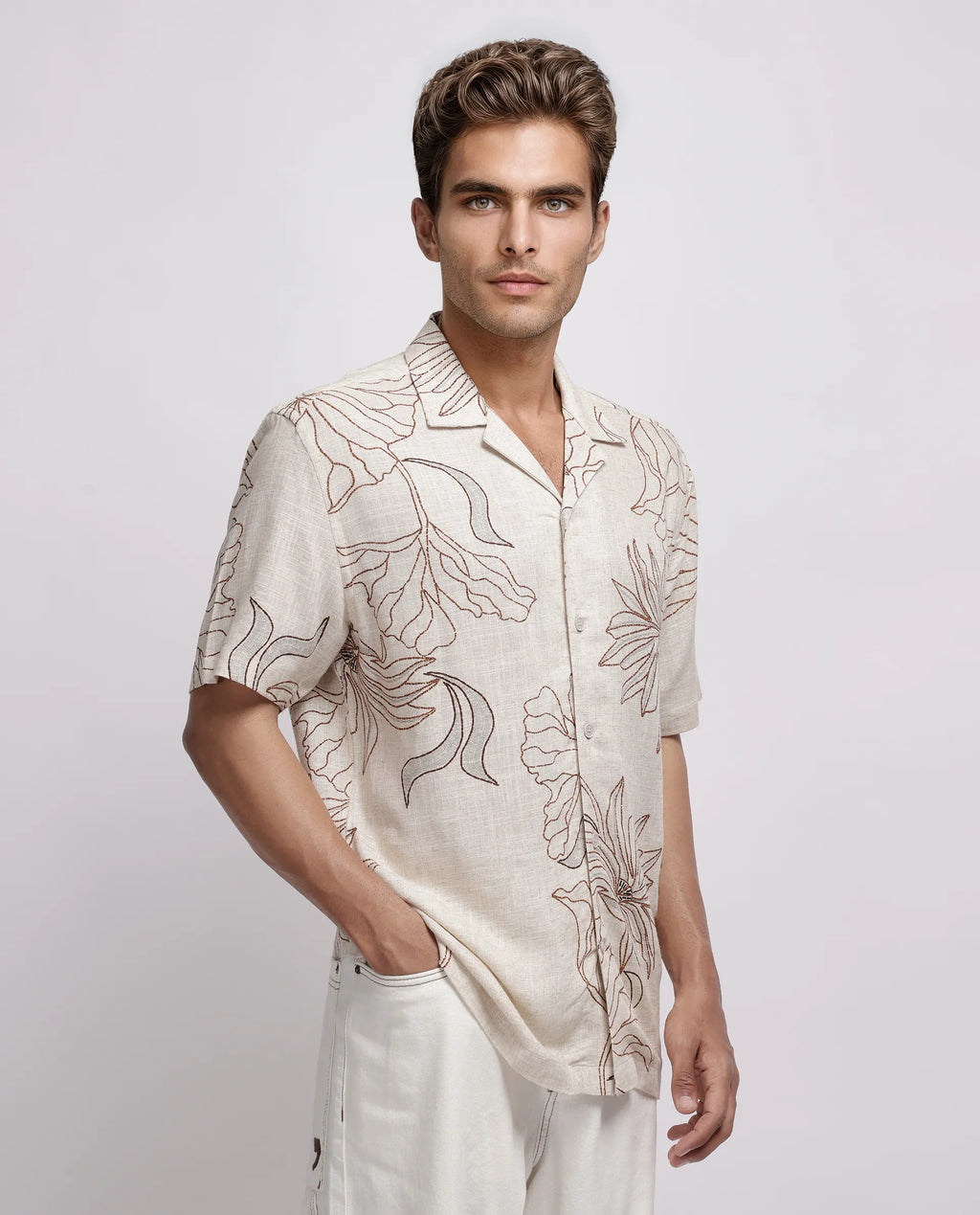 Rare Rabbit Men's Rustel Khaki Viscose Floral Print Relaxed Fit Half Sleeve Cuban Collar Shirt