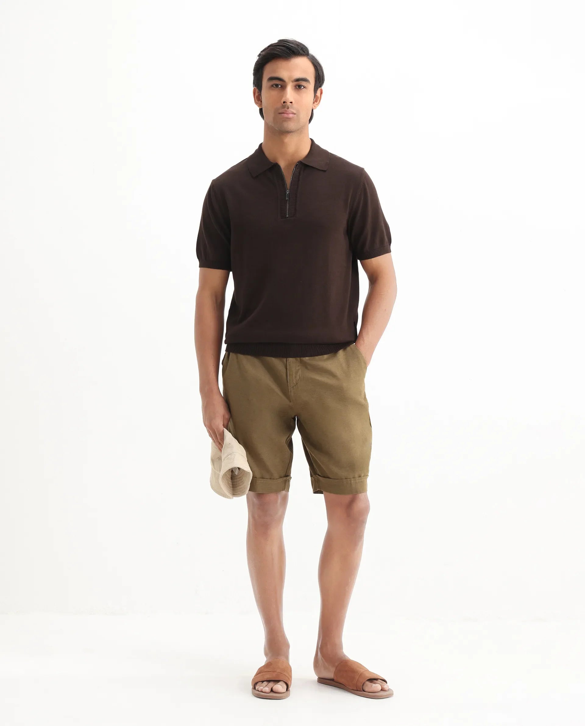 Rare Rabbit Men's Ryd Brown Cotton Plain Regular Fit Half Sleeve Polo