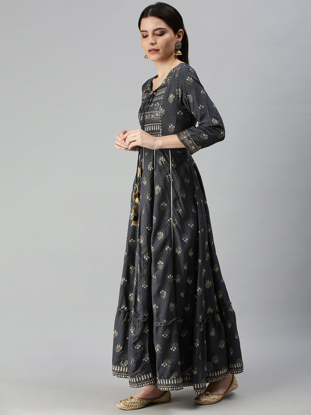 Women's Grey Ethnic Motifs Printed Gotta Patti Cotton Anarkali Kurta