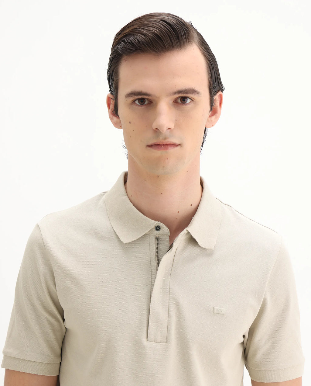 Rare Rabbit Men's Salis-25 Beige Cotton Plain Regular Fit Half Sleeve Polo