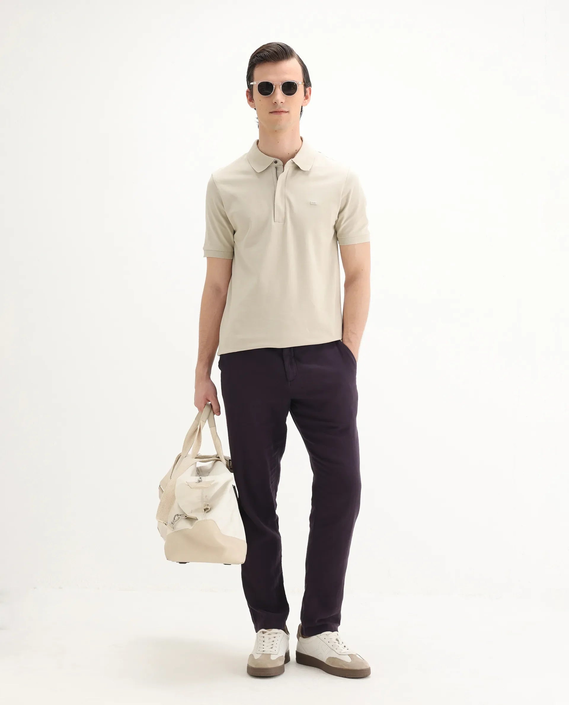 Rare Rabbit Men's Salis-25 Beige Cotton Plain Regular Fit Half Sleeve Polo