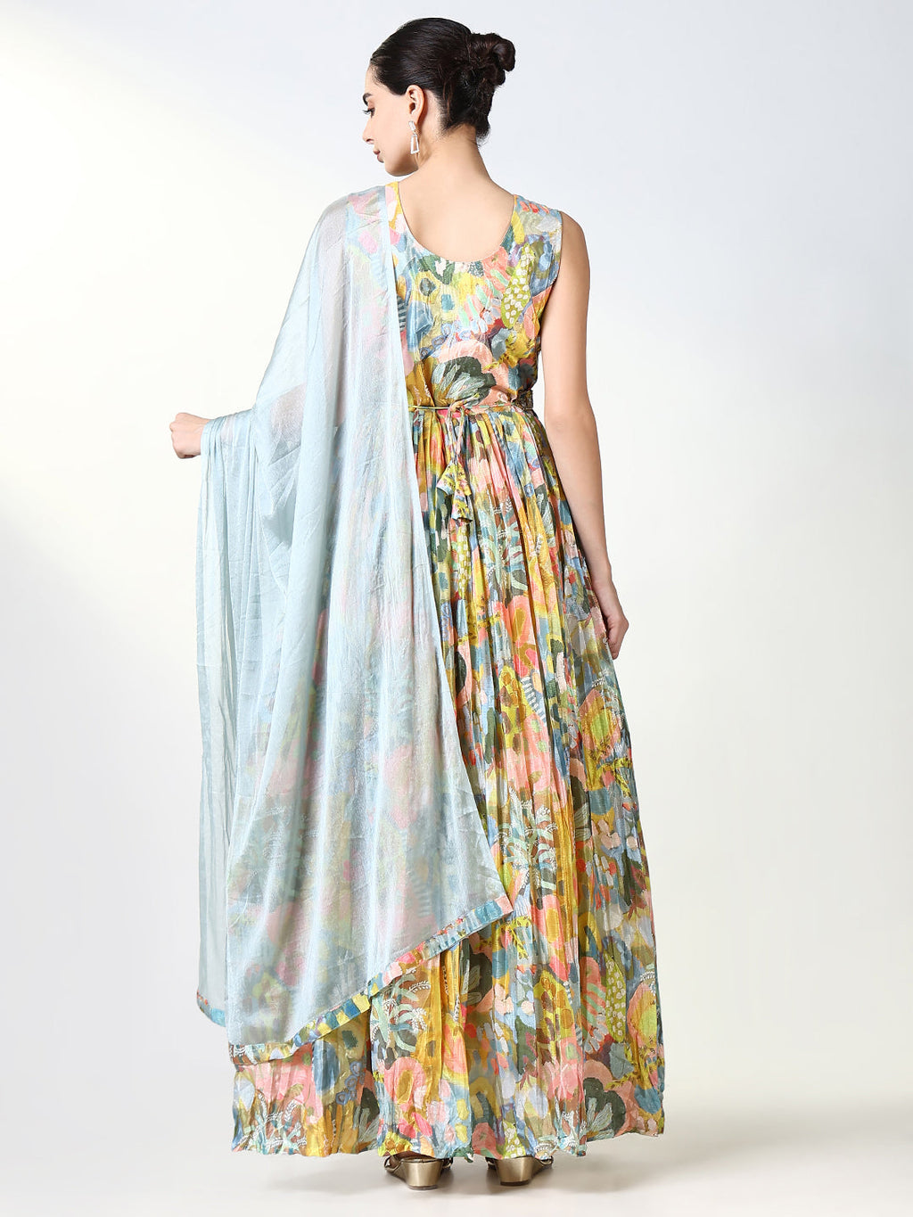 Women's Yellow Floral Kurta with Dupatta & Belt