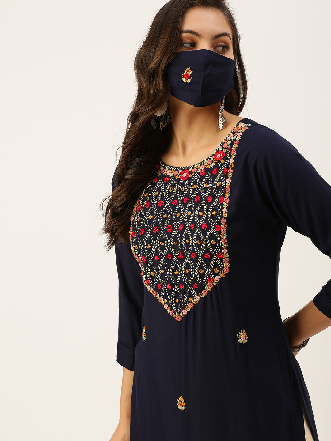 Women's Embroidered Navy blue Straight Kurta