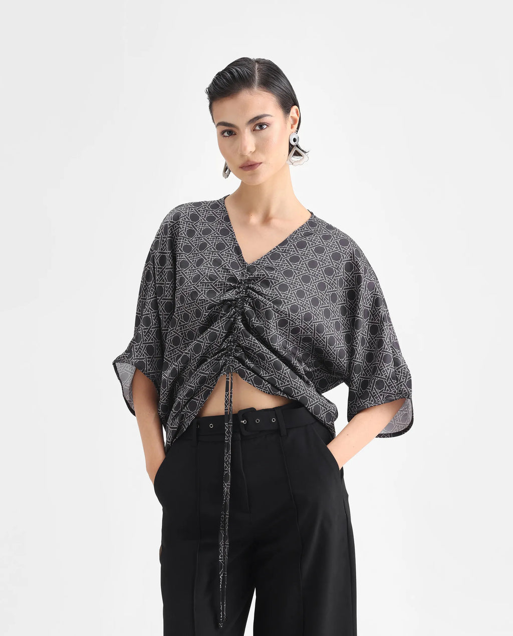 Rareism Women's Sepia Dark Black Polyester V-Neck Geometric Print Extended Sleeves Regular Fit Top