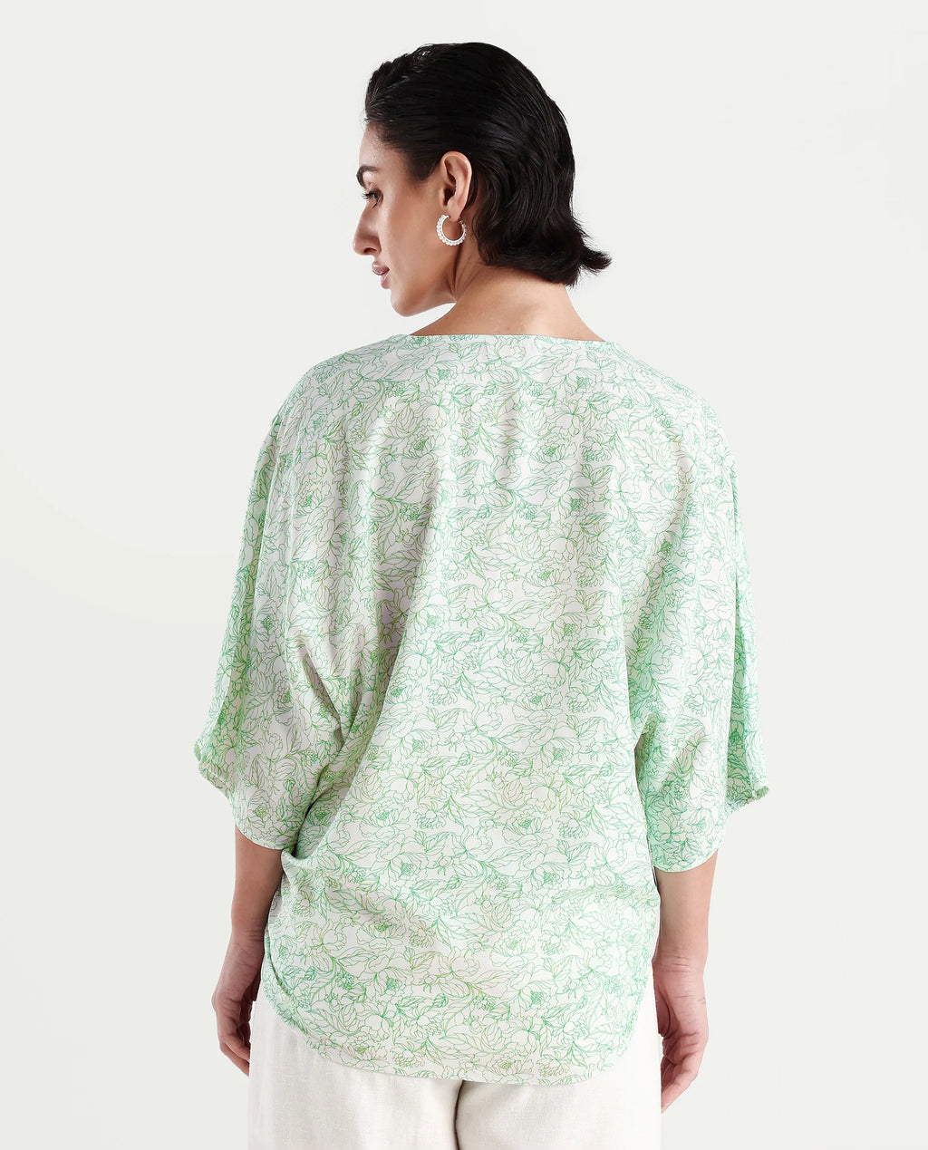 Rareism Women's Sepio-T Light Green Viscose V-Neck Floral Print Extended Sleeves Relaxed Fit Top