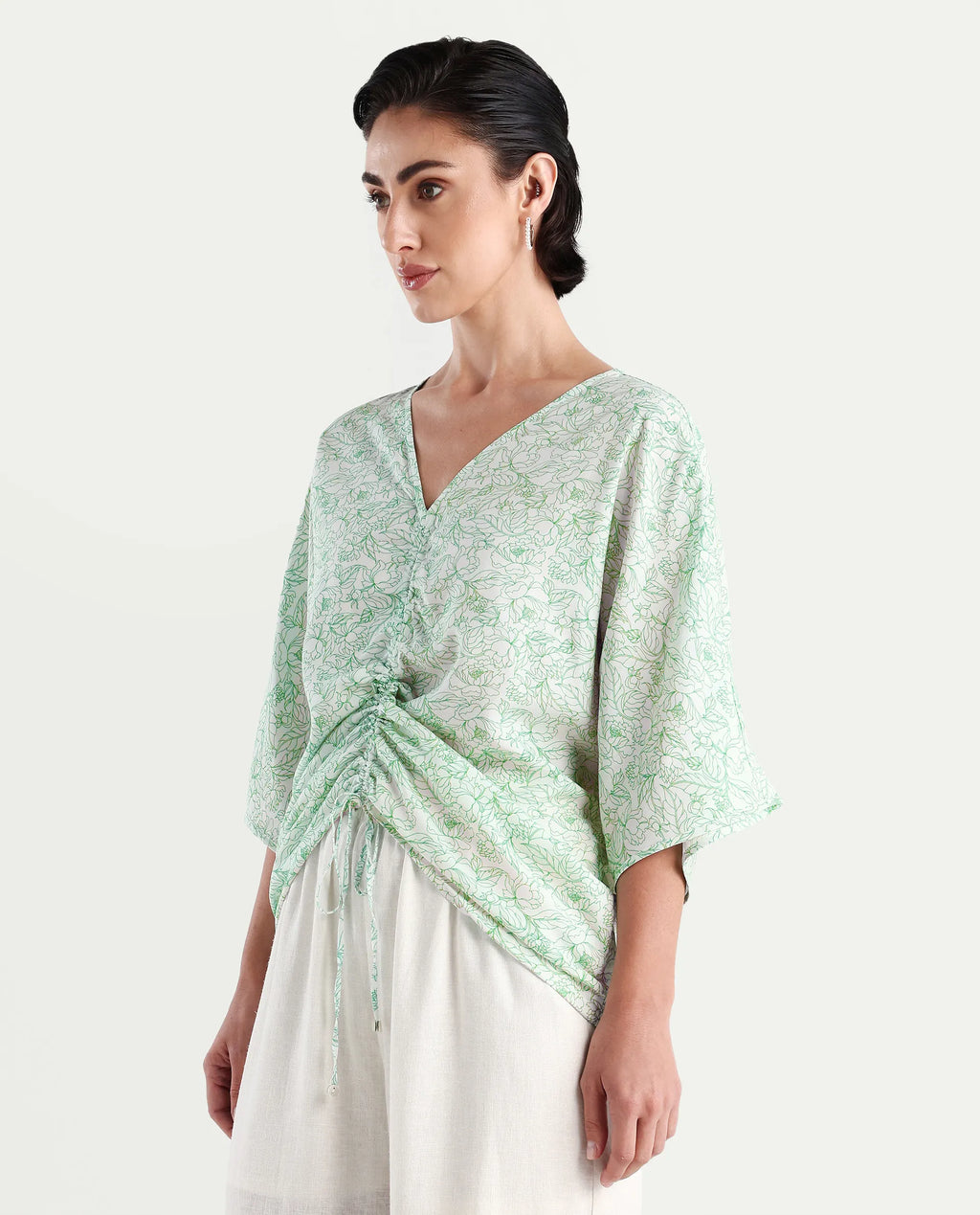 Rareism Women's Sepio-T Light Green Viscose V-Neck Floral Print Extended Sleeves Relaxed Fit Top