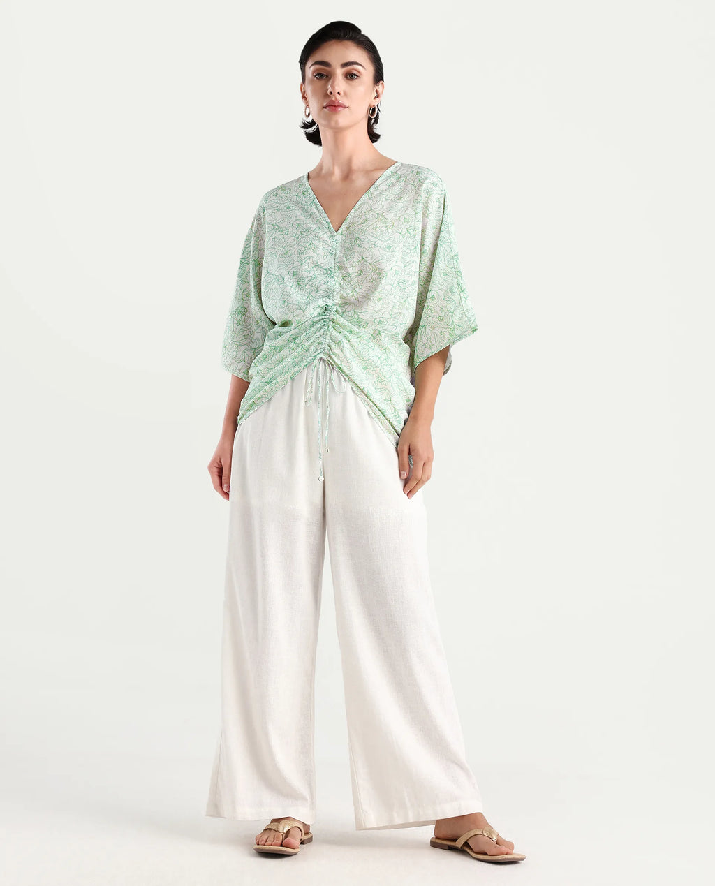 Rareism Women's Sepio-T Light Green Viscose V-Neck Floral Print Extended Sleeves Relaxed Fit Top
