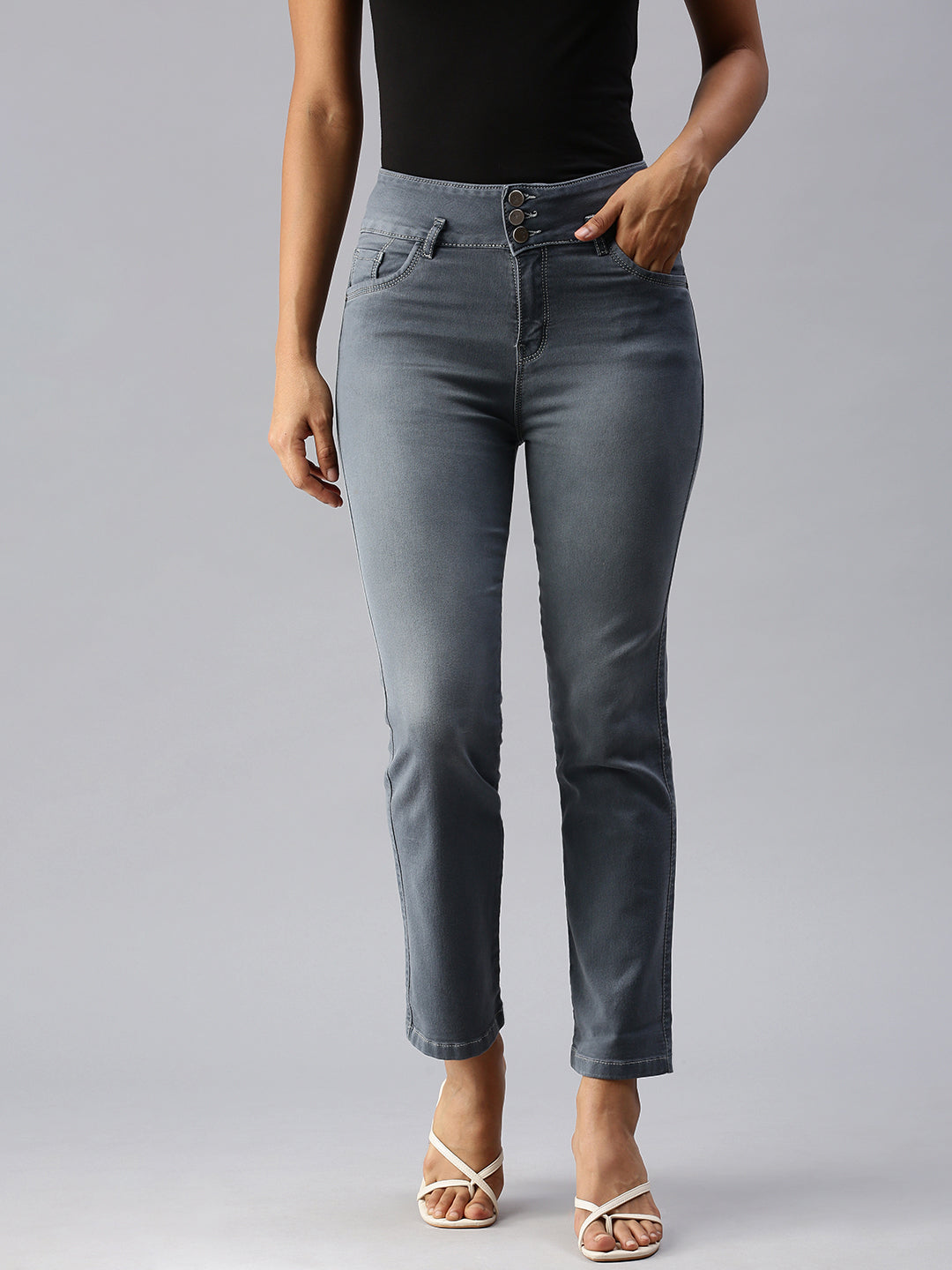 Women's Grey Straight Fit High-Rise Light Fade Stretchable Denim Jeans