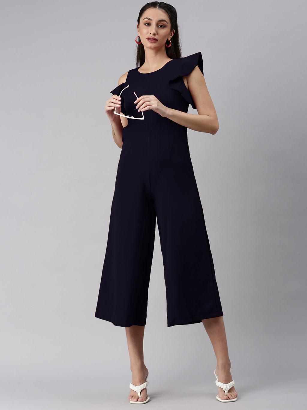 Women's Round Neck Navy Blue Solid Jumpsuit