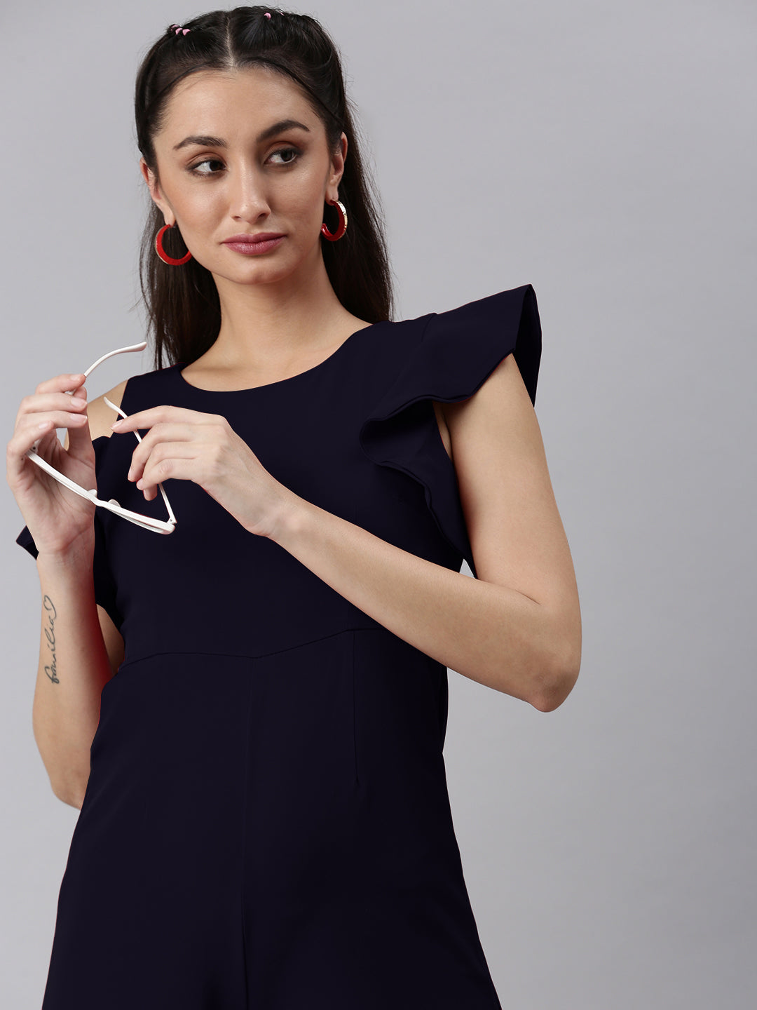 Women's Round Neck Navy Blue Solid Jumpsuit