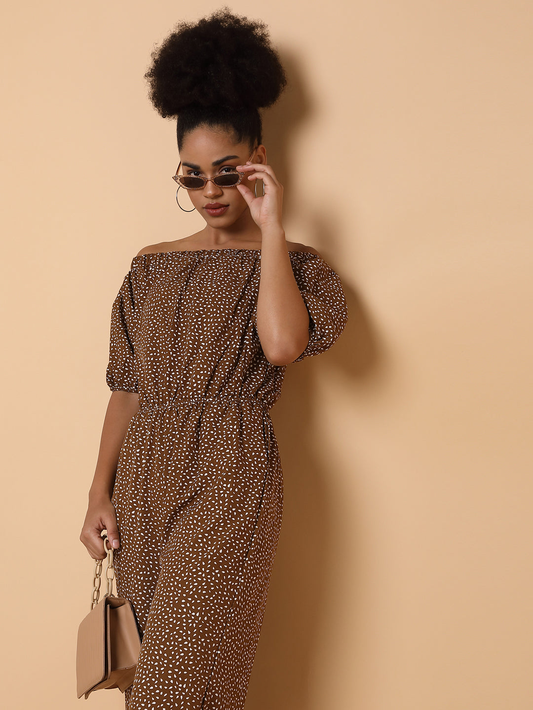 Women's Brown Off-Shoulder Printed Basic Jumpsuit