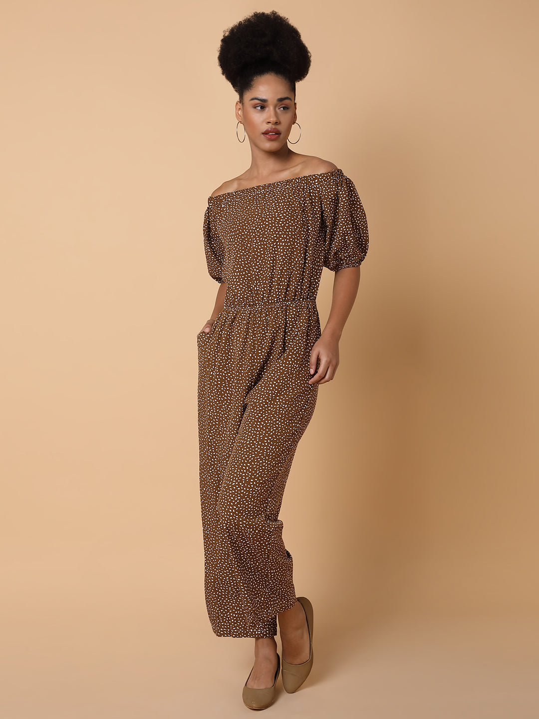 Women's Brown Off-Shoulder Printed Basic Jumpsuit