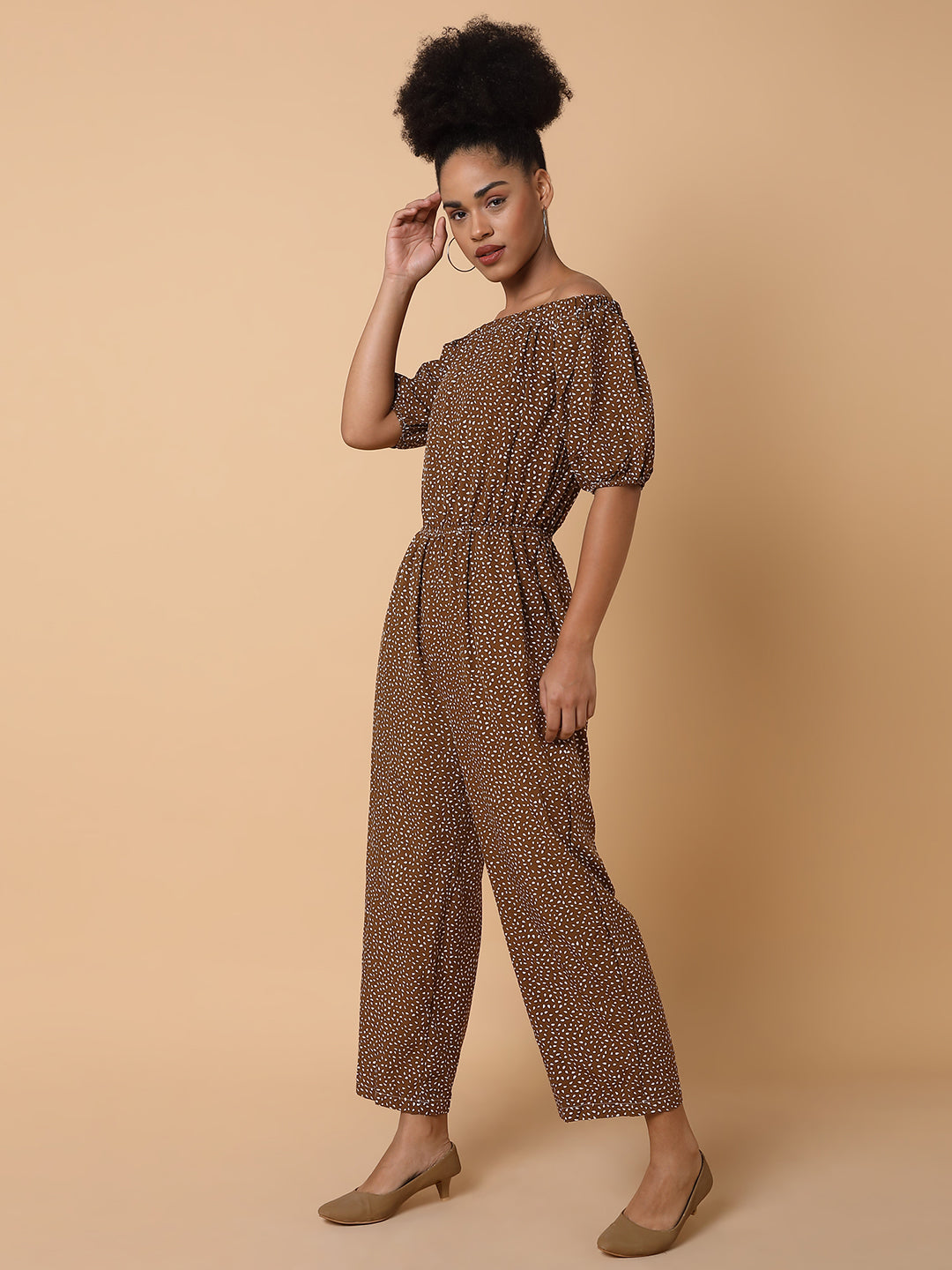Women's Brown Off-Shoulder Printed Basic Jumpsuit