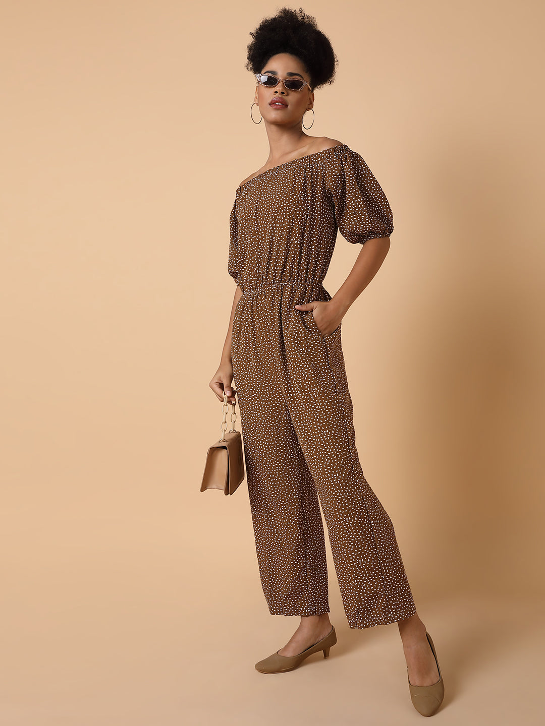 Women's Brown Off-Shoulder Printed Basic Jumpsuit