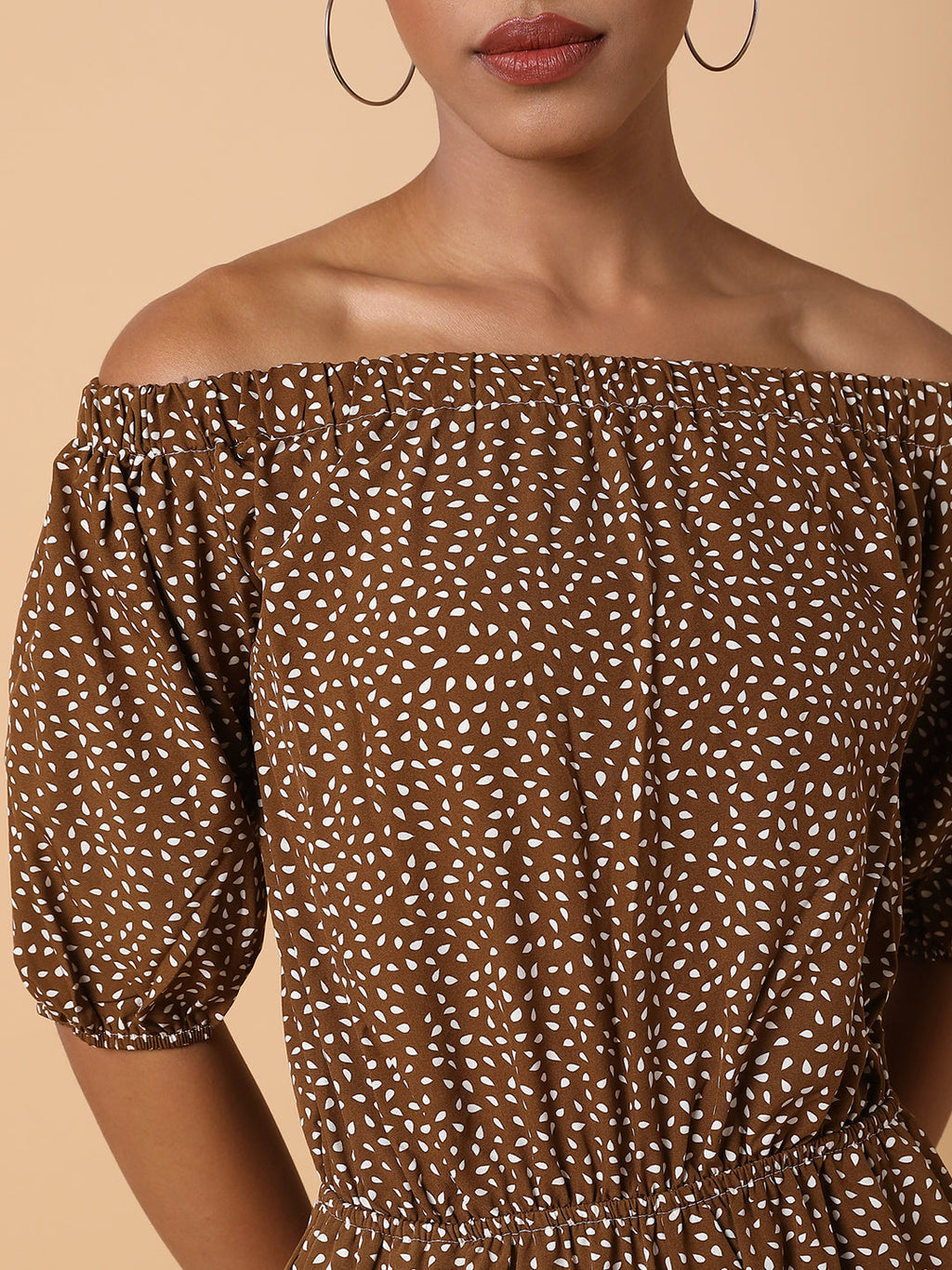 Women's Brown Off-Shoulder Printed Basic Jumpsuit