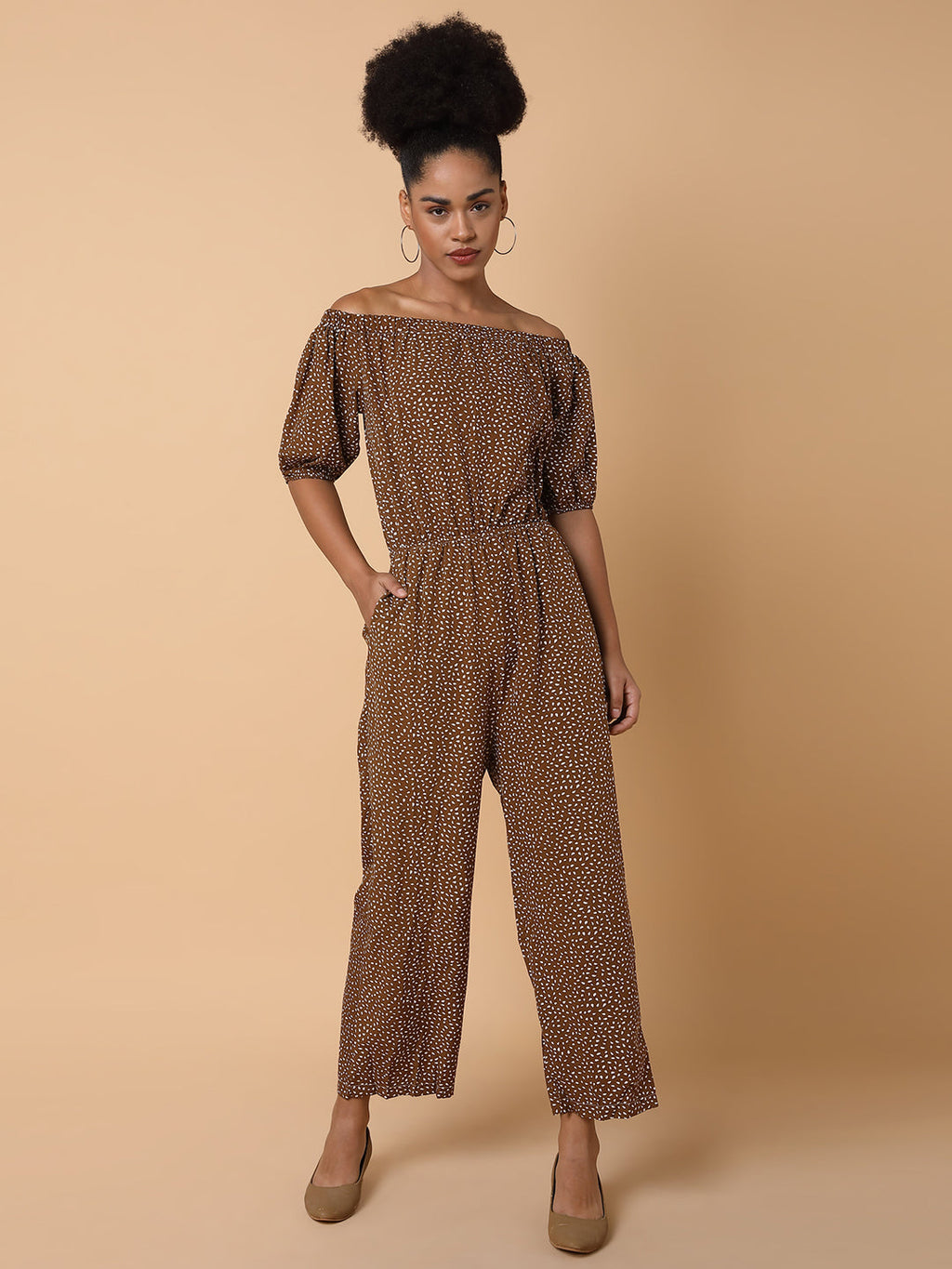 Women's Brown Off-Shoulder Printed Basic Jumpsuit